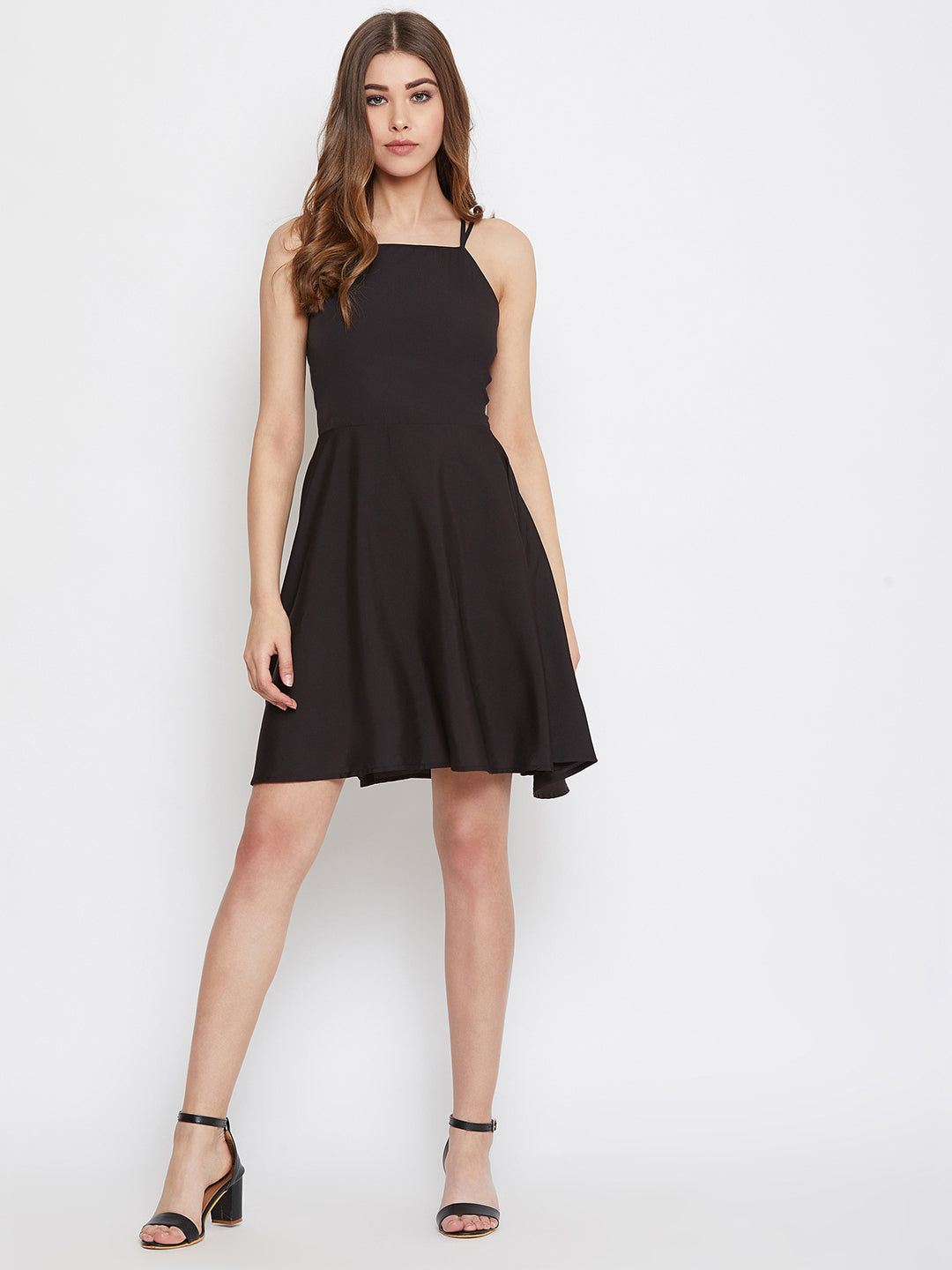 Berrylush Women Solid Black Caged Back Tie-Up Fit & Flare Mini Dress