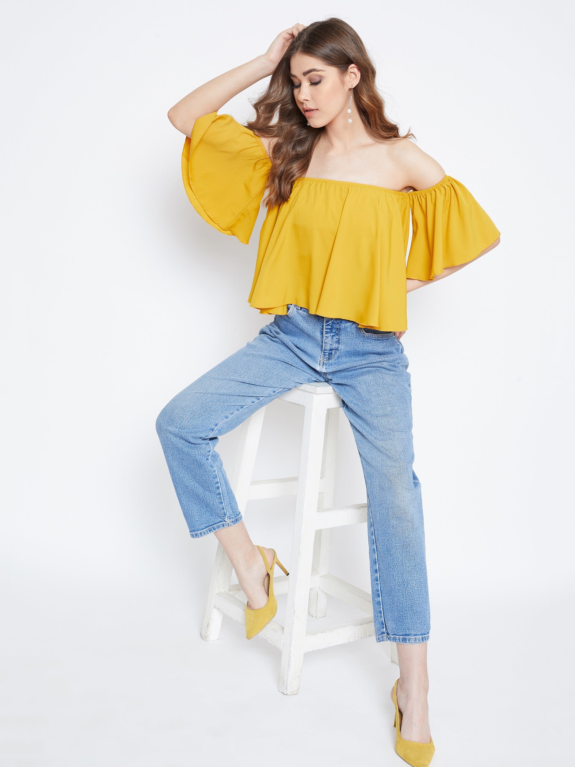 Women Solid Yellow Off-Shoulder Ruffled Crop Top Berrylush