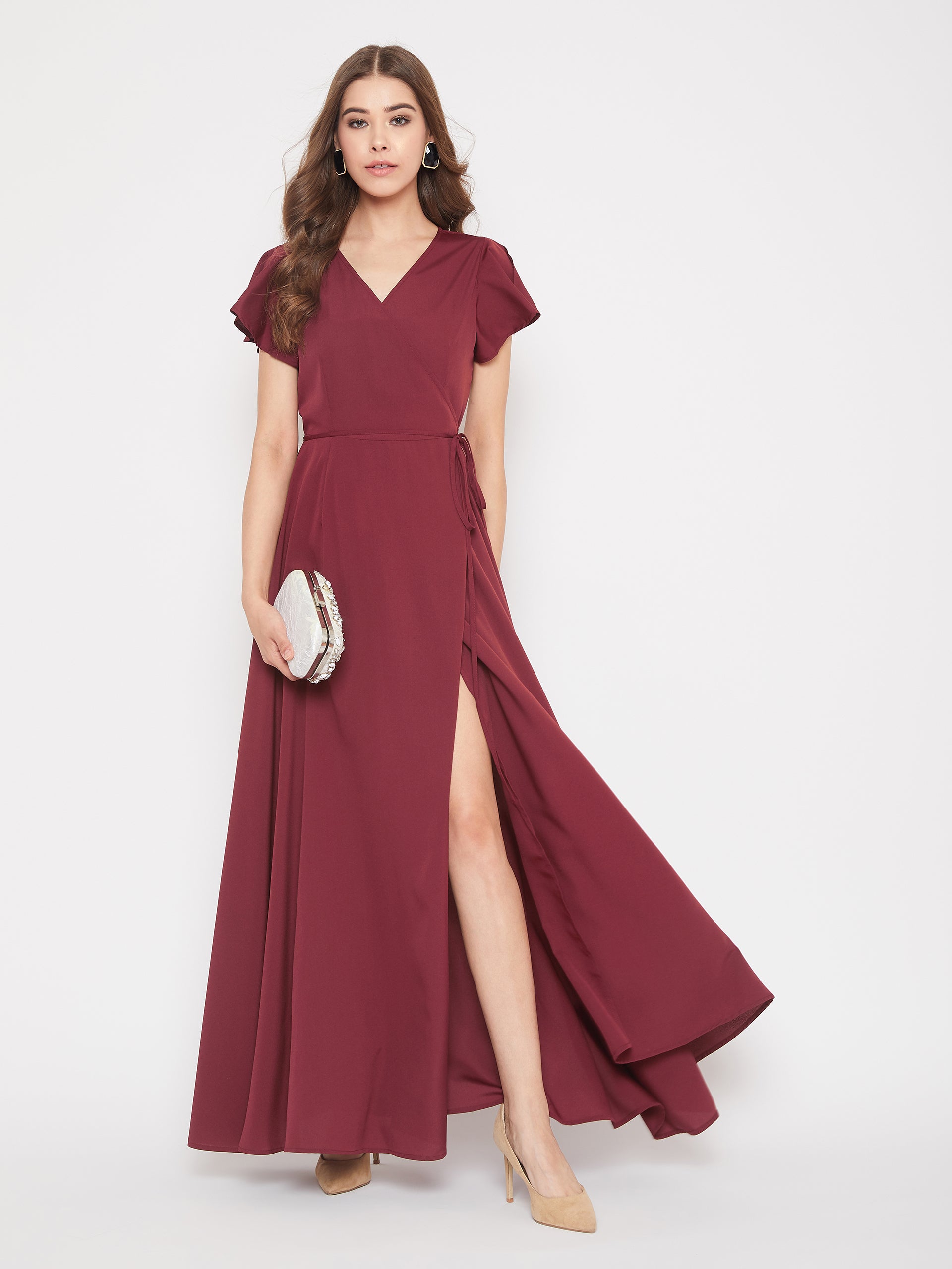 Berrylush Women Solid Maroon V-Neck Waist Tie-Up Wrap Maxi Dress Berrylush Women Solid Maroon V-Neck Waist Tie-Up Wrap Maxi Dress
