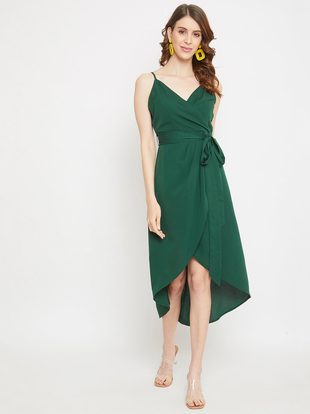 Women Solid Green V-Neck Crepe Waist Tie-Up Tulip Hem Wrap Midi