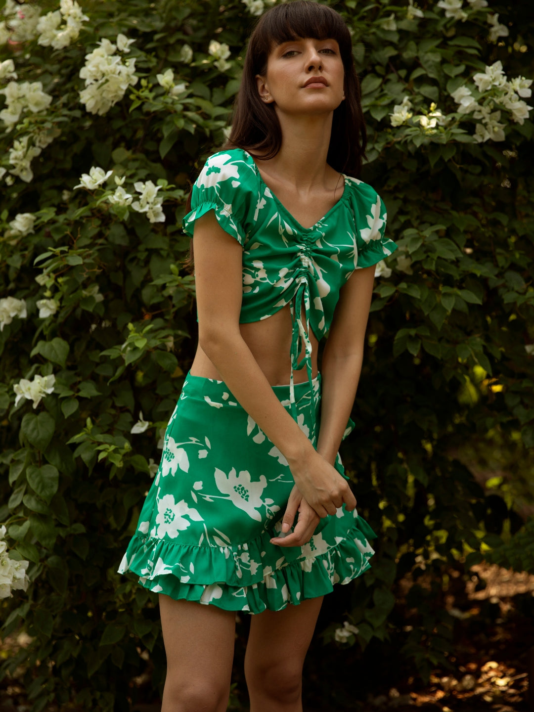 Women Green Floral Printed V-Neck Fit & Flare Co-Ordinate Mini Dress - Berrylush Women Green Floral Printed V-Neck Fit & Flare Co-Ordinate Mini Dress - Berrylush