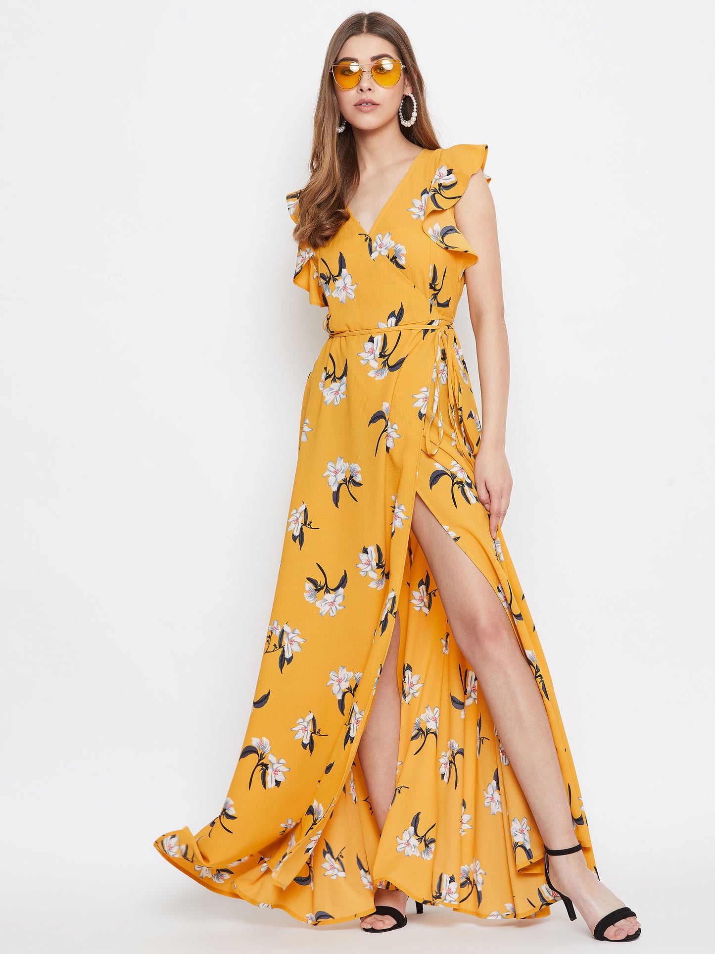 Berrylush Women Yellow Floral Printed V-Neck Thigh-High Slit Flared Wrap Maxi Dress