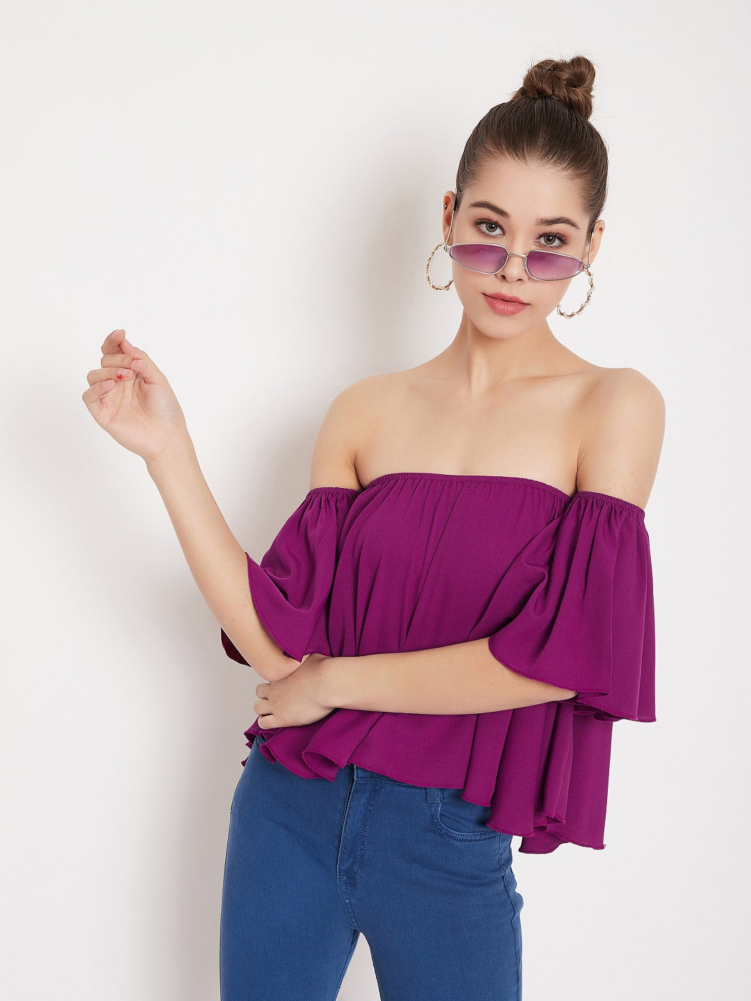 Berrylush Women Solid Purple Off Shoulder Strapless Bardot Top