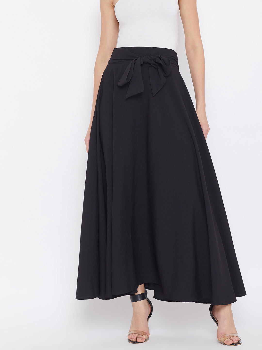 Berrylush Women Solid Black Bow-Tie High-Waist Maxi Skirt