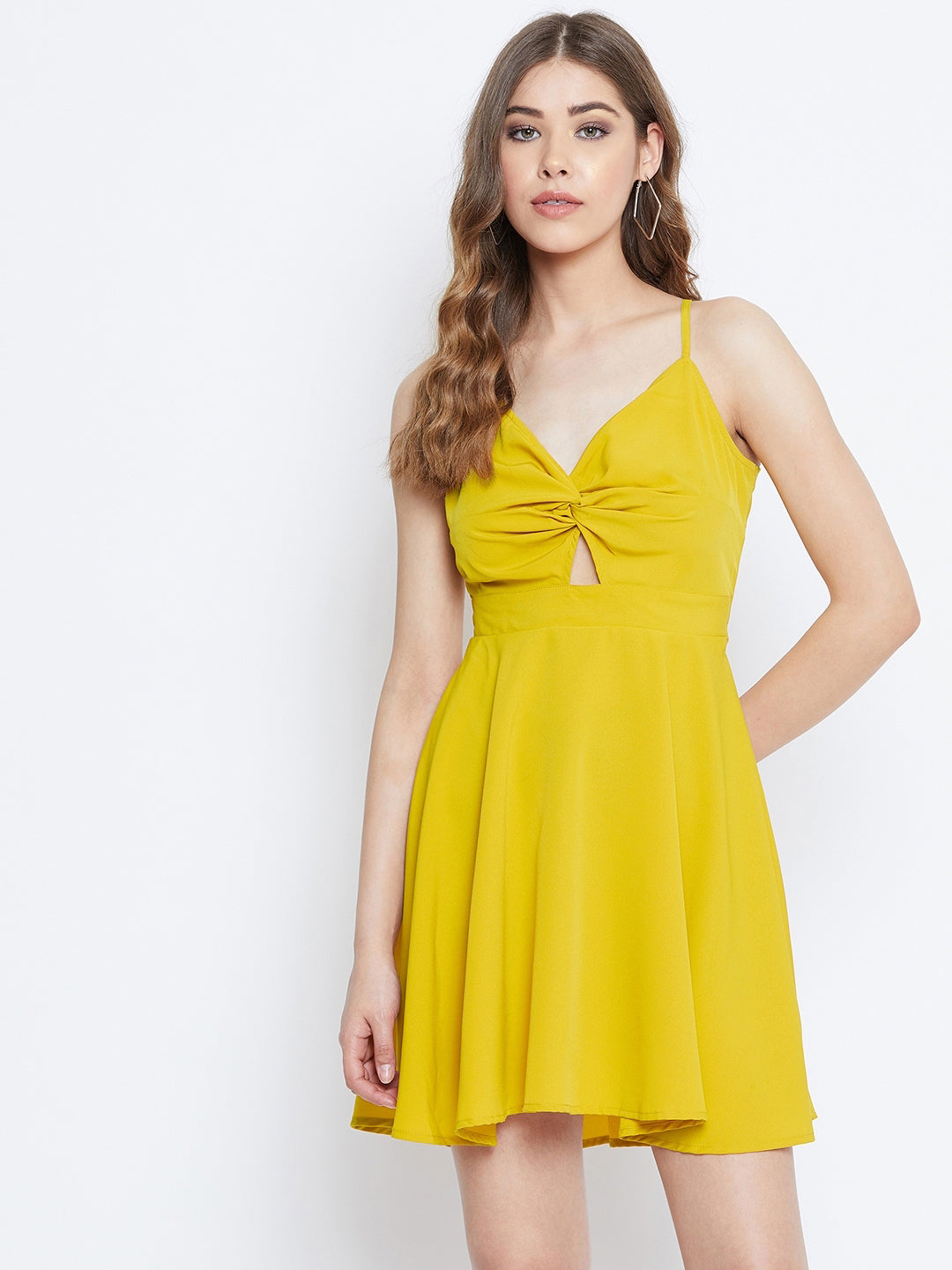 Women Solid Yellow Front Twist Knot Fit & Flare Mini Dress - Berrylush Women Solid Yellow Front Twist Knot Fit & Flare Mini Dress - Berrylush