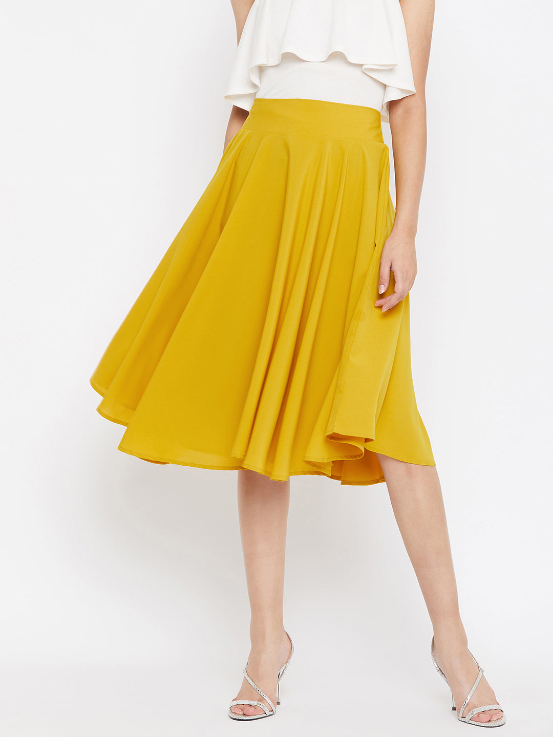 Berrylush Women Solid Yellow High-Rise Flared Midi Skirt