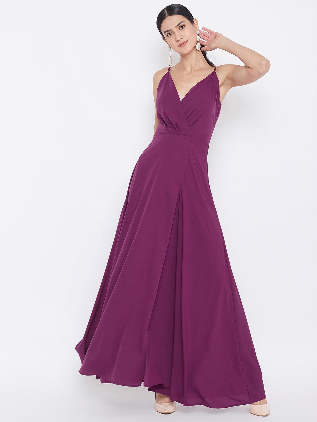 Women Solid Dark Purple V-Neck A-Line Maxi Dress - Berrylush Women Solid Dark Purple V-Neck A-Line Maxi Dress - Berrylush