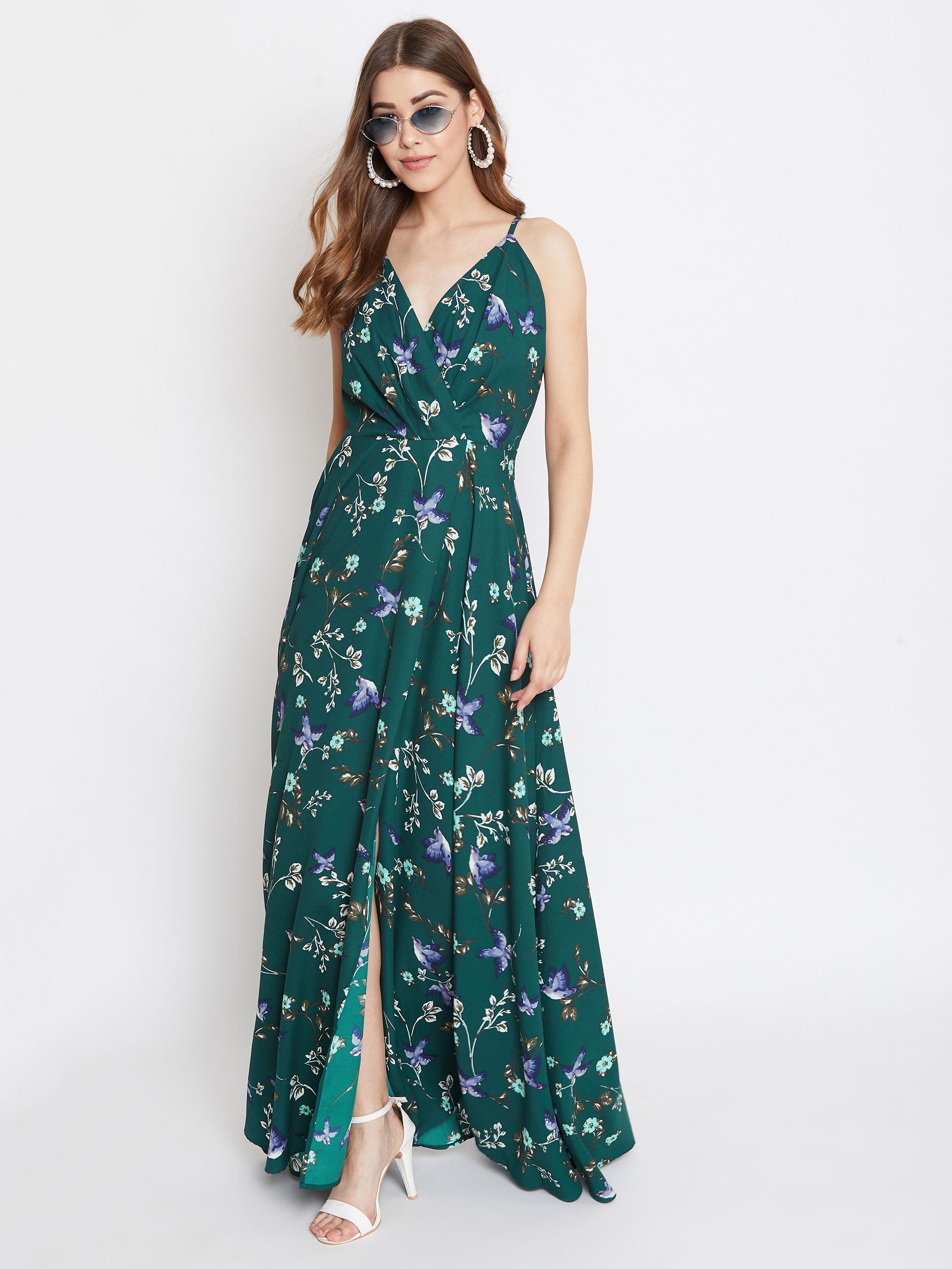 Berrylush Women Dark Green & Off-White Floral Printed V-Neck Thigh-Hig Berrylush Women Dark Green & Off-White Floral Printed V-Neck Thigh-Hig