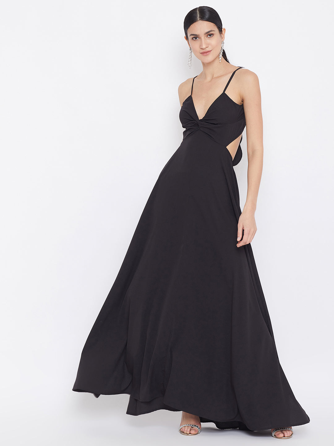 Berrylush Women Solid Black V-Neck Strappy Tie Knot A-Line Maxi Dress Berrylush Women Solid Black V-Neck Strappy Tie Knot A-Line Maxi Dress