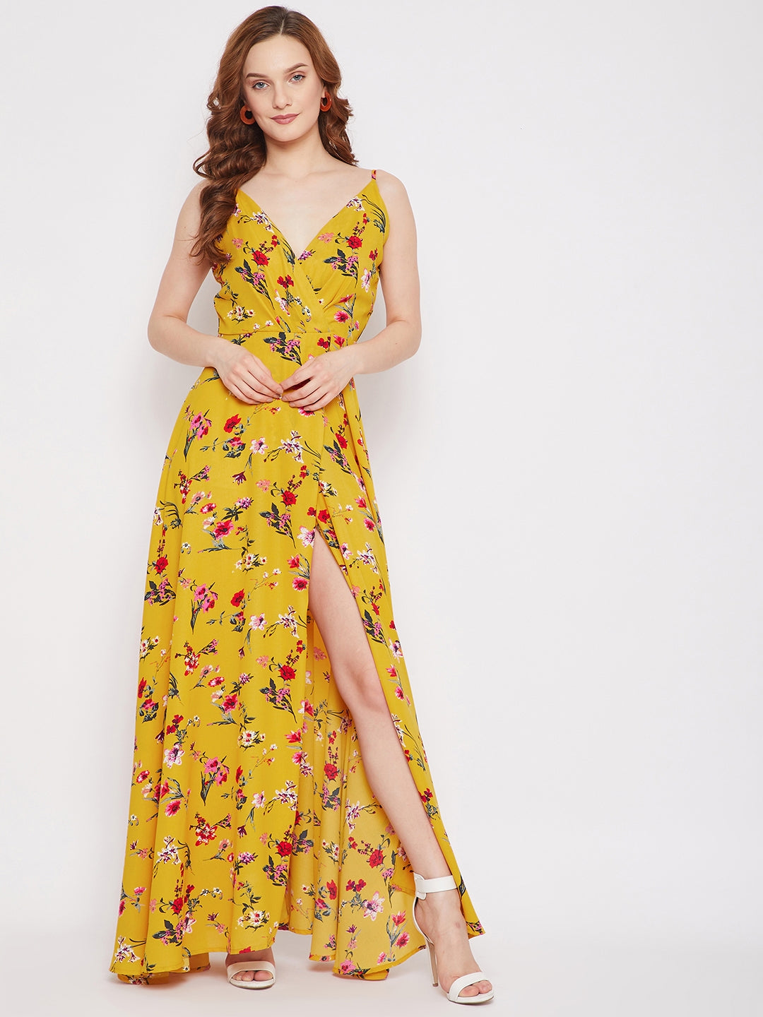 Berrylush Women Yellow & Red Floral Printed V-Neck Thigh-High Slit Fla Berrylush Women Yellow & Red Floral Printed V-Neck Thigh-High Slit Fla