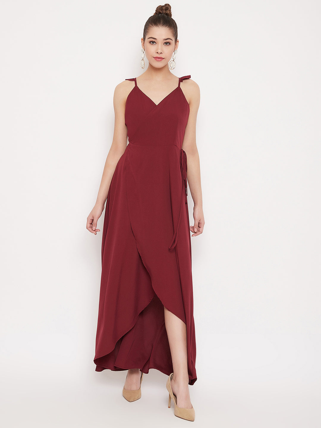 Berrylush Women Solid Maroon V-Neck Thigh-High Slit Tulip Hem Wrap Max