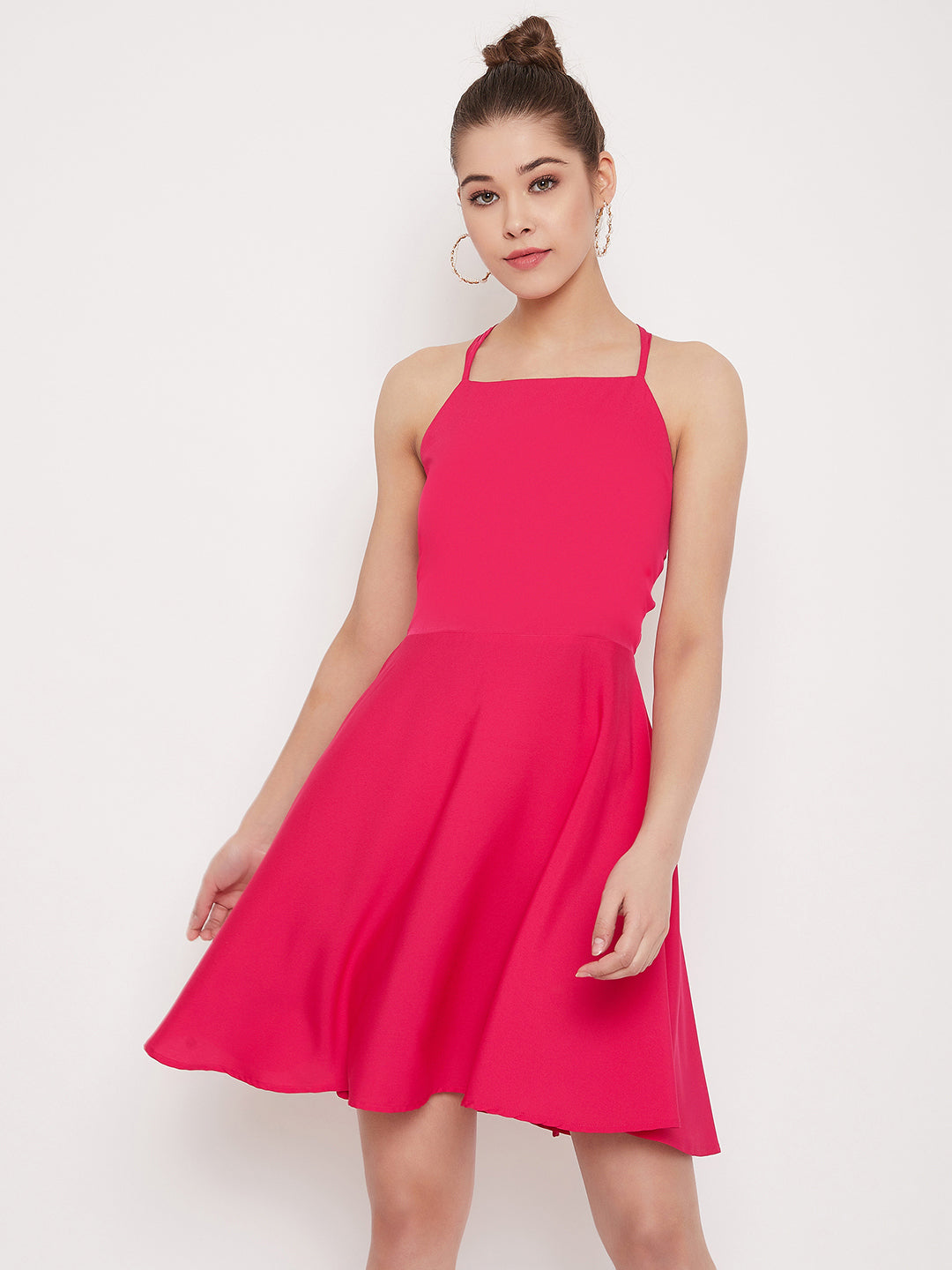 Berrylush Women Solid Fuschia Pink Caged Back Tie-up Fit & Flare Mini Berrylush Women Solid Fuschia Pink Caged Back Tie-up Fit & Flare Mini