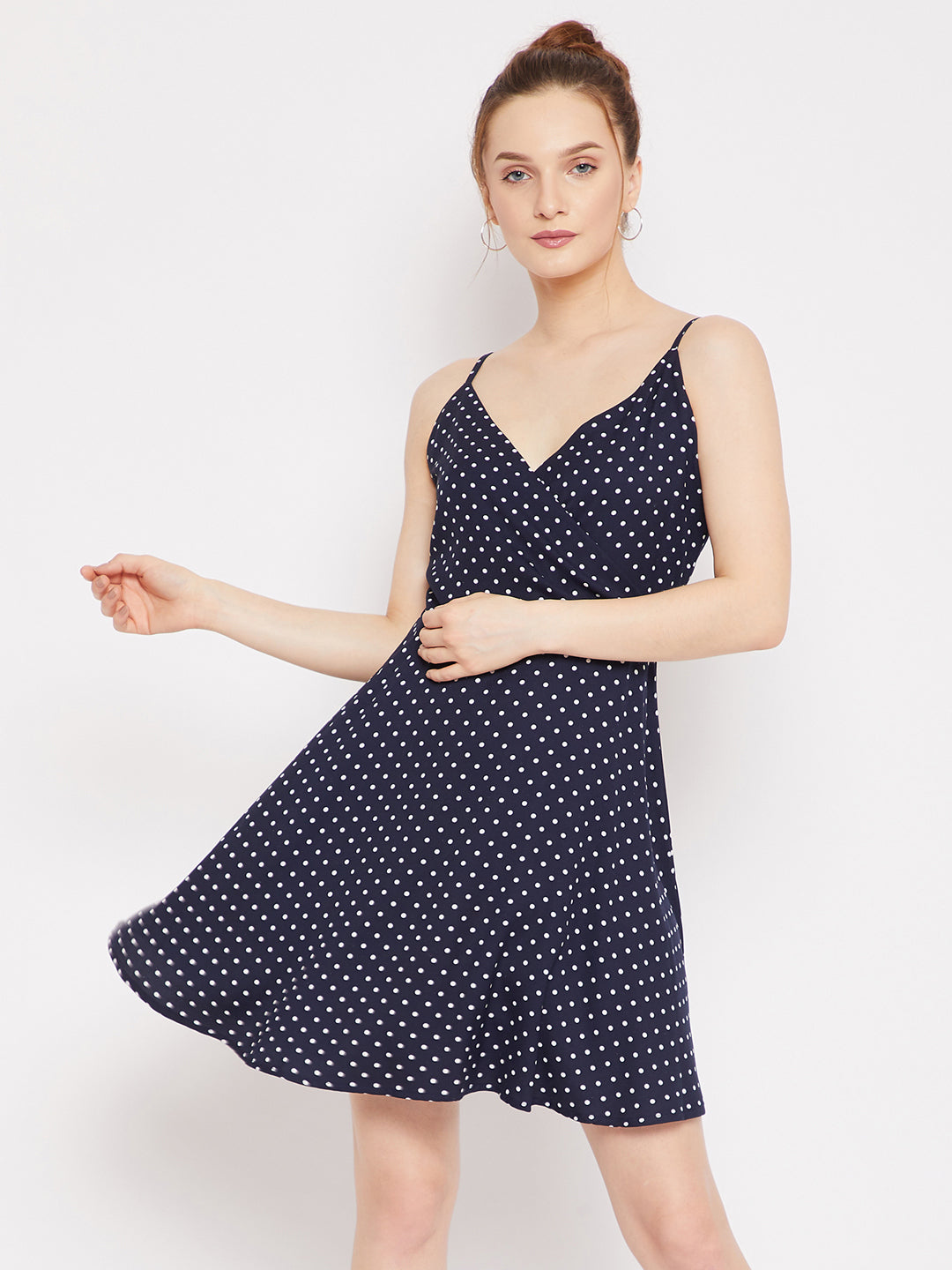 Berrylush Women Navy Blue White Polka Dot Printed V-Neck Fit Flare