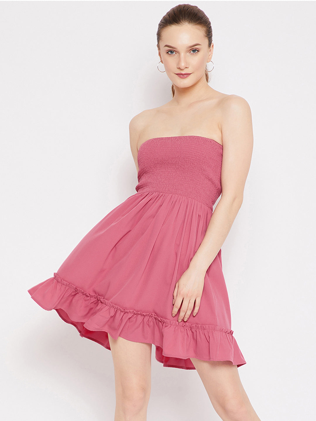 Women Solid Pink Strapless Neck Sleeveless Crepe Smocked Fit & Flare Mini Dress - Berrylush Women Solid Pink Strapless Neck Sleeveless Crepe Smocked Fit & Flare Mini Dress - Berrylush