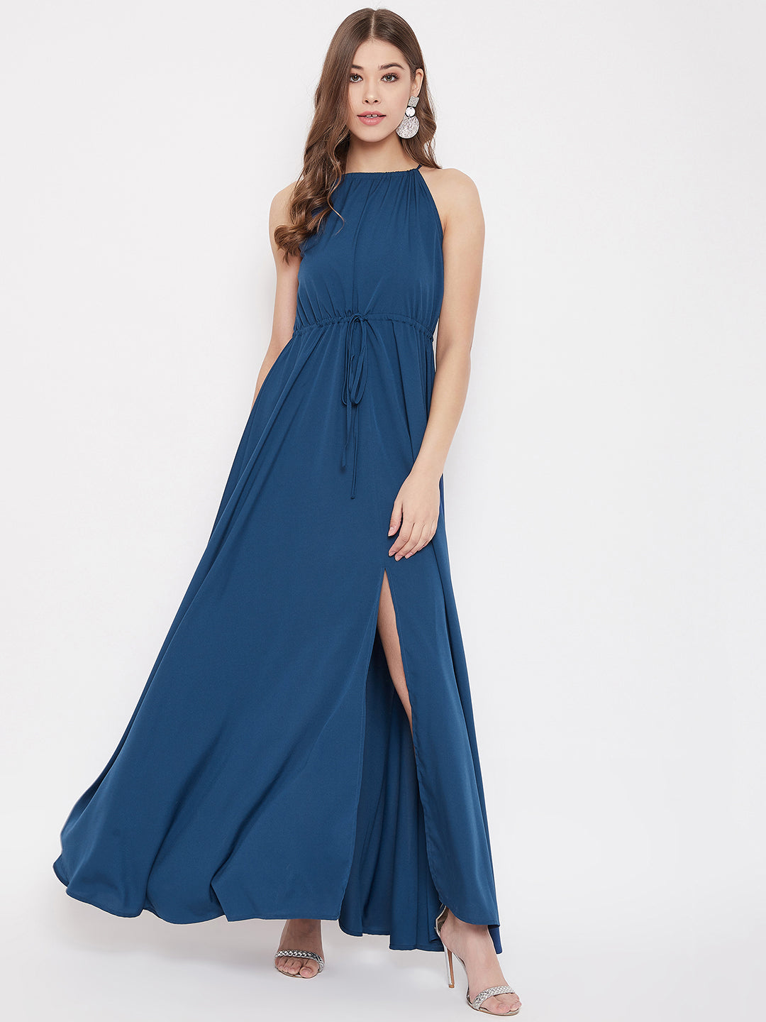 Berrylush Women Solid Blue Halter Neck Tie-Up Maxi Dress Berrylush Women Solid Blue Halter Neck Tie-Up Maxi Dress