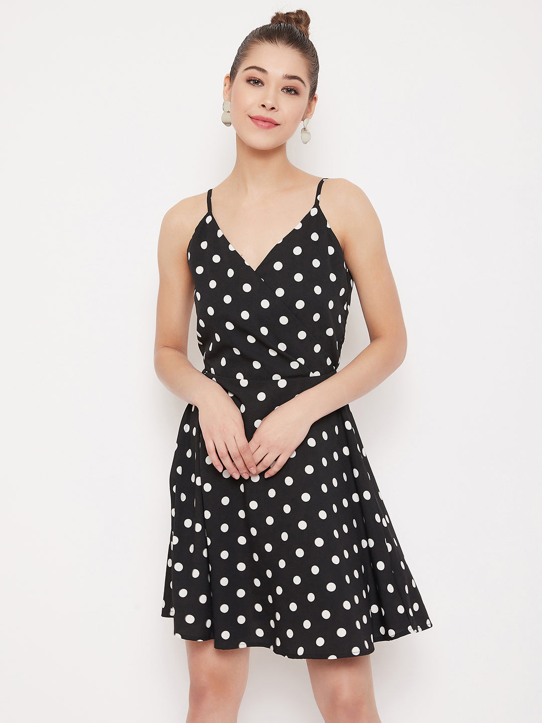 Berrylush Women Black White Polka Dot Sleeveless Wrap Mini Dress