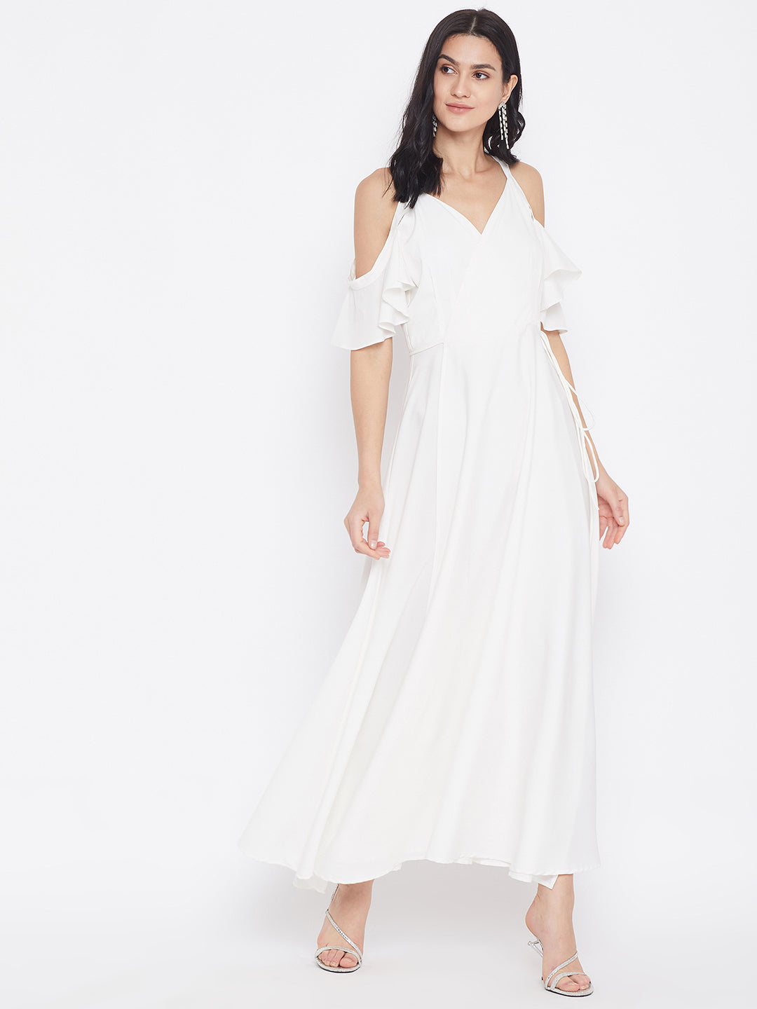 Women Solid White V-Neck Cold-Shoulder Sleeve Tie-Up Crepe Flared Wrap Maxi Dress - Berrylush Women Solid White V-Neck Cold-Shoulder Sleeve Tie-Up Crepe Flared Wrap Maxi Dress - Berrylush