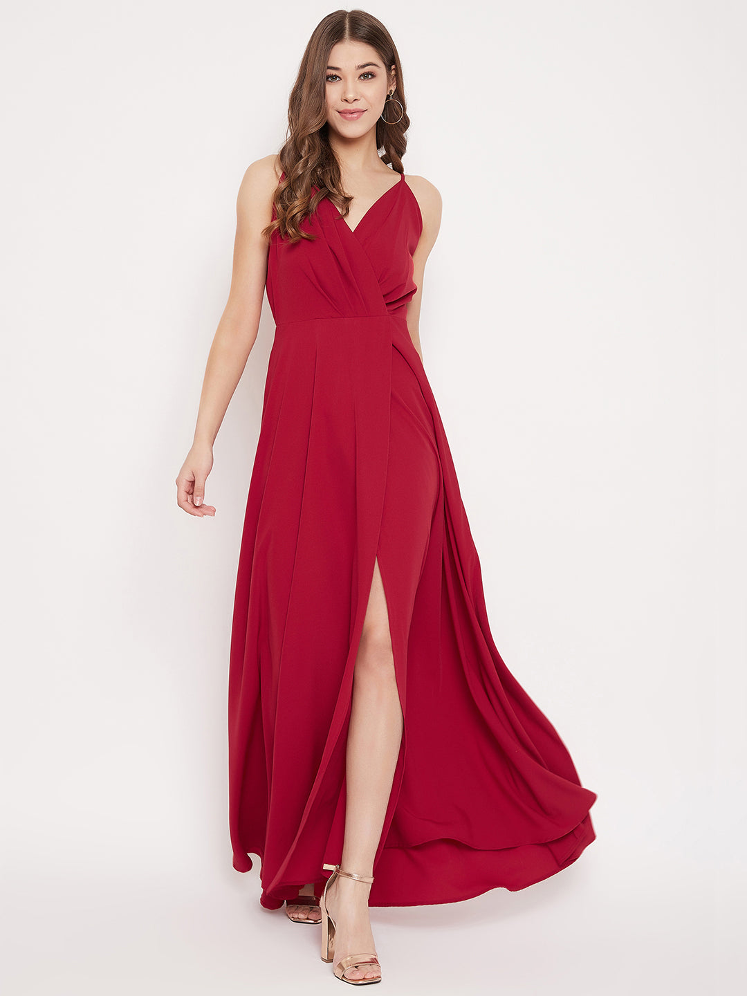 Berrylush Women Solid Red V-Neck Flared Maxi Dress - Main Image