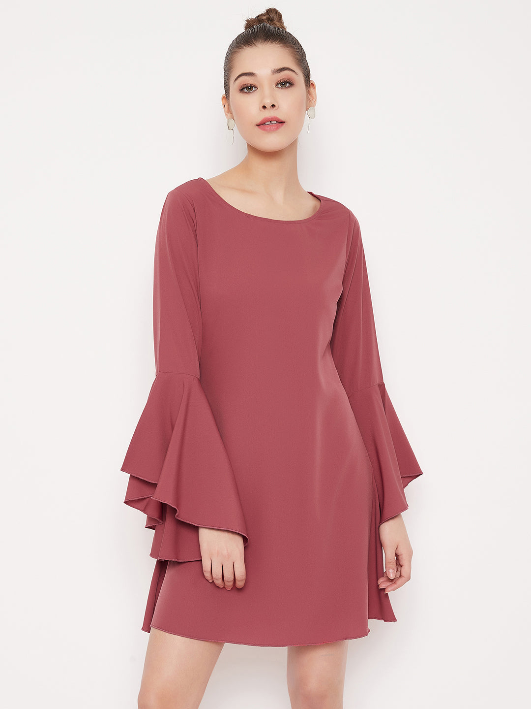Women Solid Dark Pink Round Neck Bell Sleeves Crepe Flared A-Line Mini Dress 