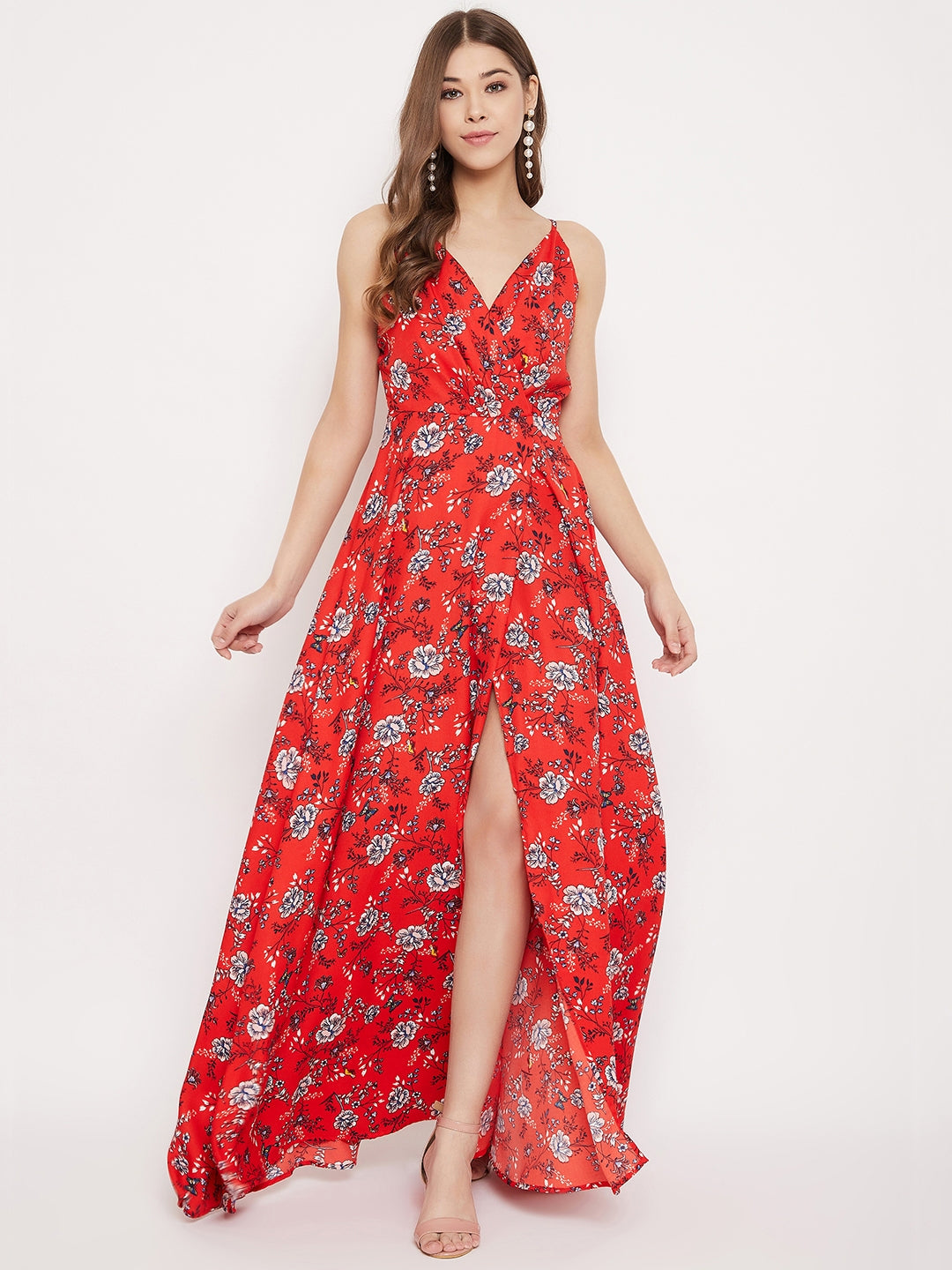 Berrylush Women Red & White Floral Printed V-Neck Thigh-High Slit Flar