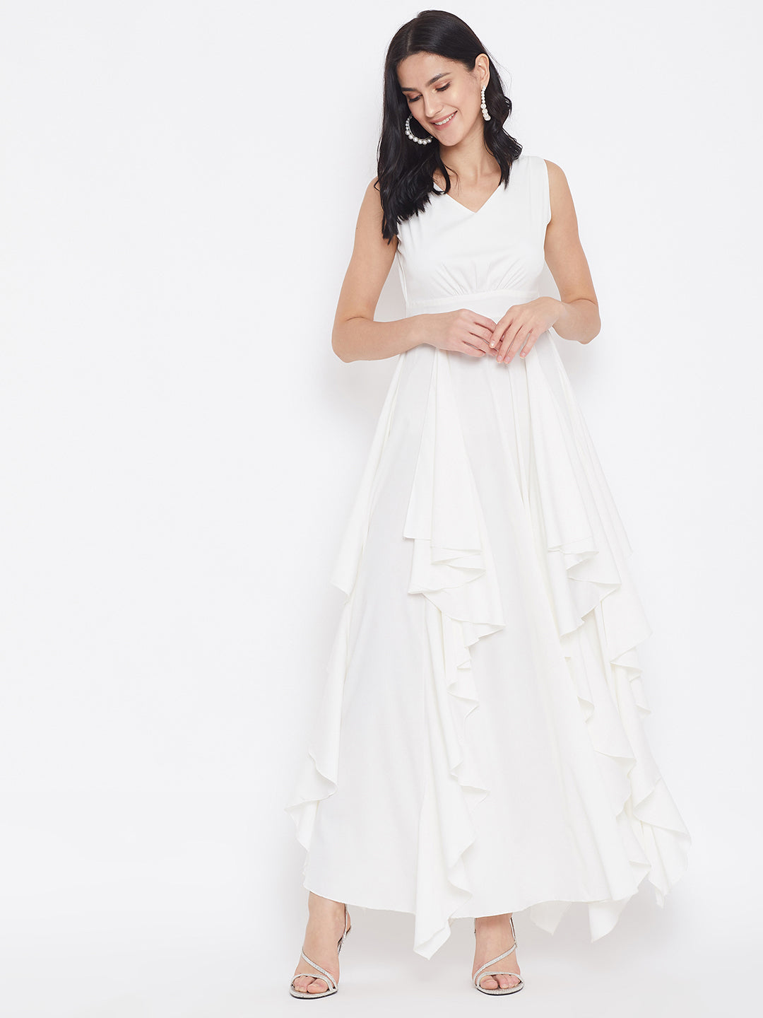 Women Solid White V-Neck Sleeveless Crepe Ruffled Fit & Flare Maxi Dress - Berrylush Women Solid White V-Neck Sleeveless Crepe Ruffled Fit & Flare Maxi Dress - Berrylush