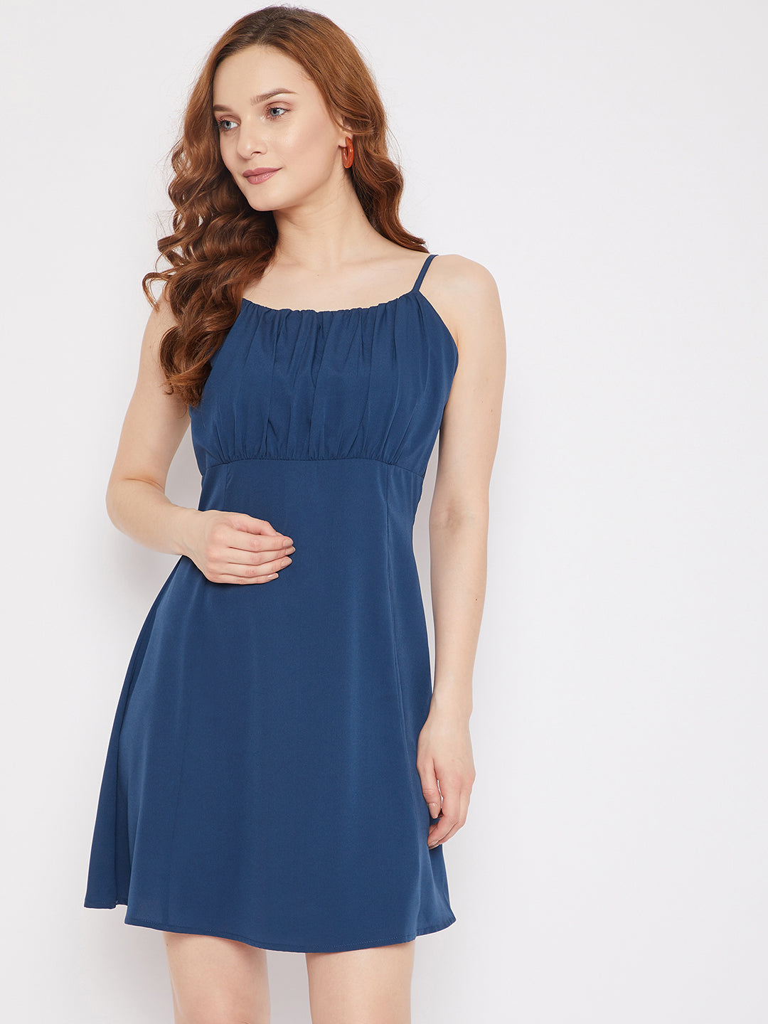 Berrylush Women Solid Blue Round Neck Ruched Fit & Flare Mini Dress Berrylush Women Solid Blue Round Neck Ruched Fit & Flare Mini Dress