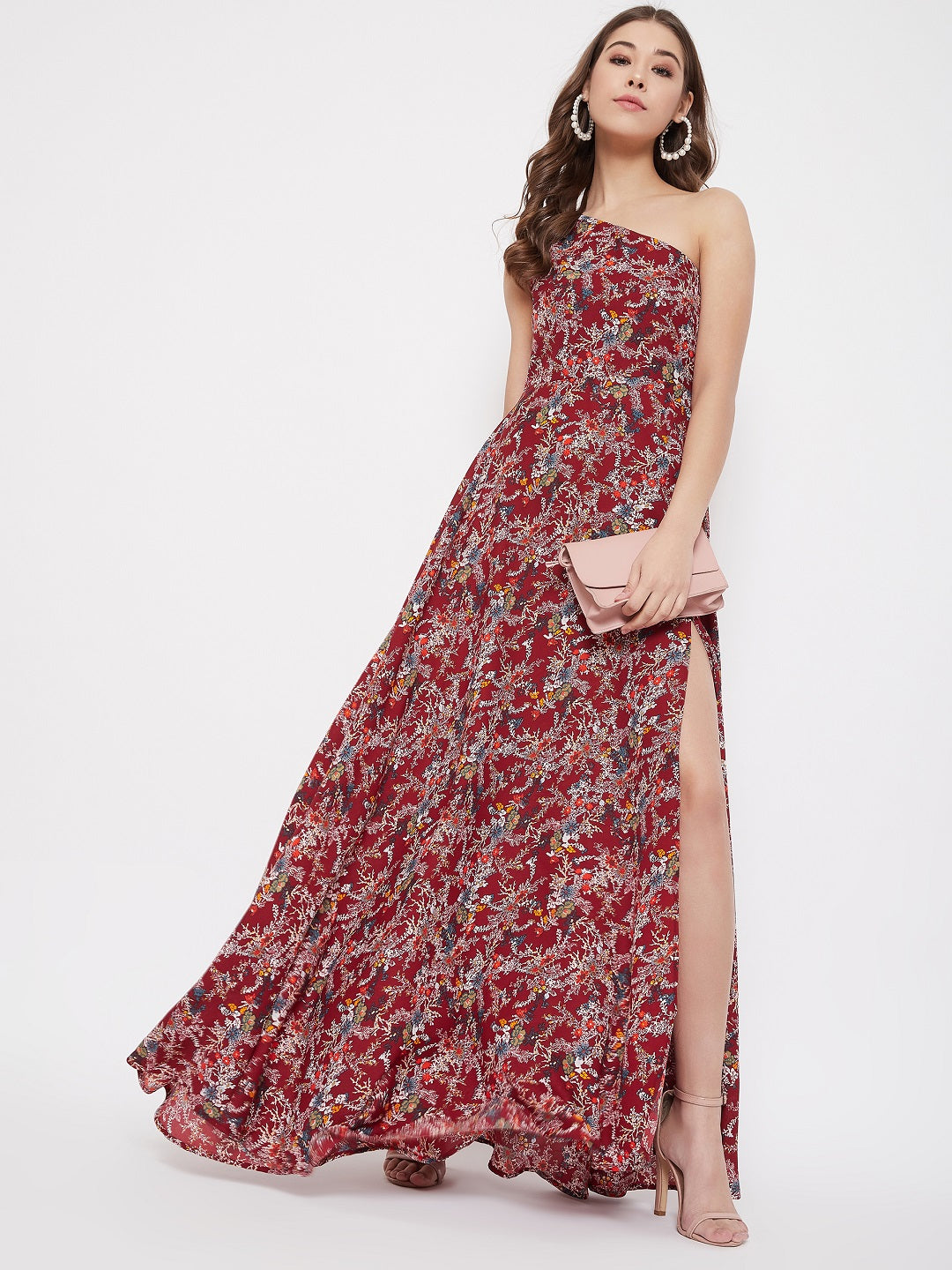 Berrylush Women Maroon Floral Printed One Shoulder Maxi Dress