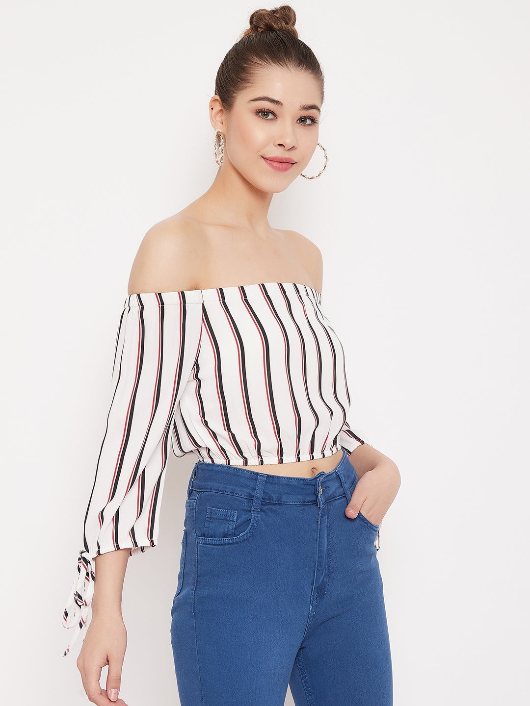 Berrylush Women White & Black Stripe Printed Off-Shoulder Neck Tie-Up Cropped Bardot Top