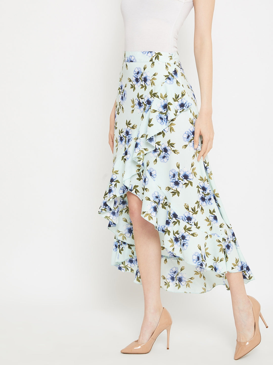 Berrylush Women Green Floral Print High-Low Wrap Midi Skirt