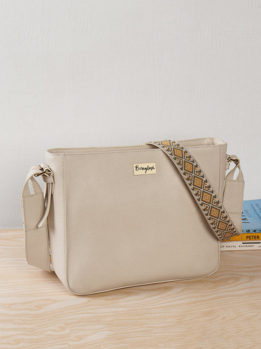 Berrylush Women Solid Beige Synthetic Leather Detachable Strap Embellished Sling Bag