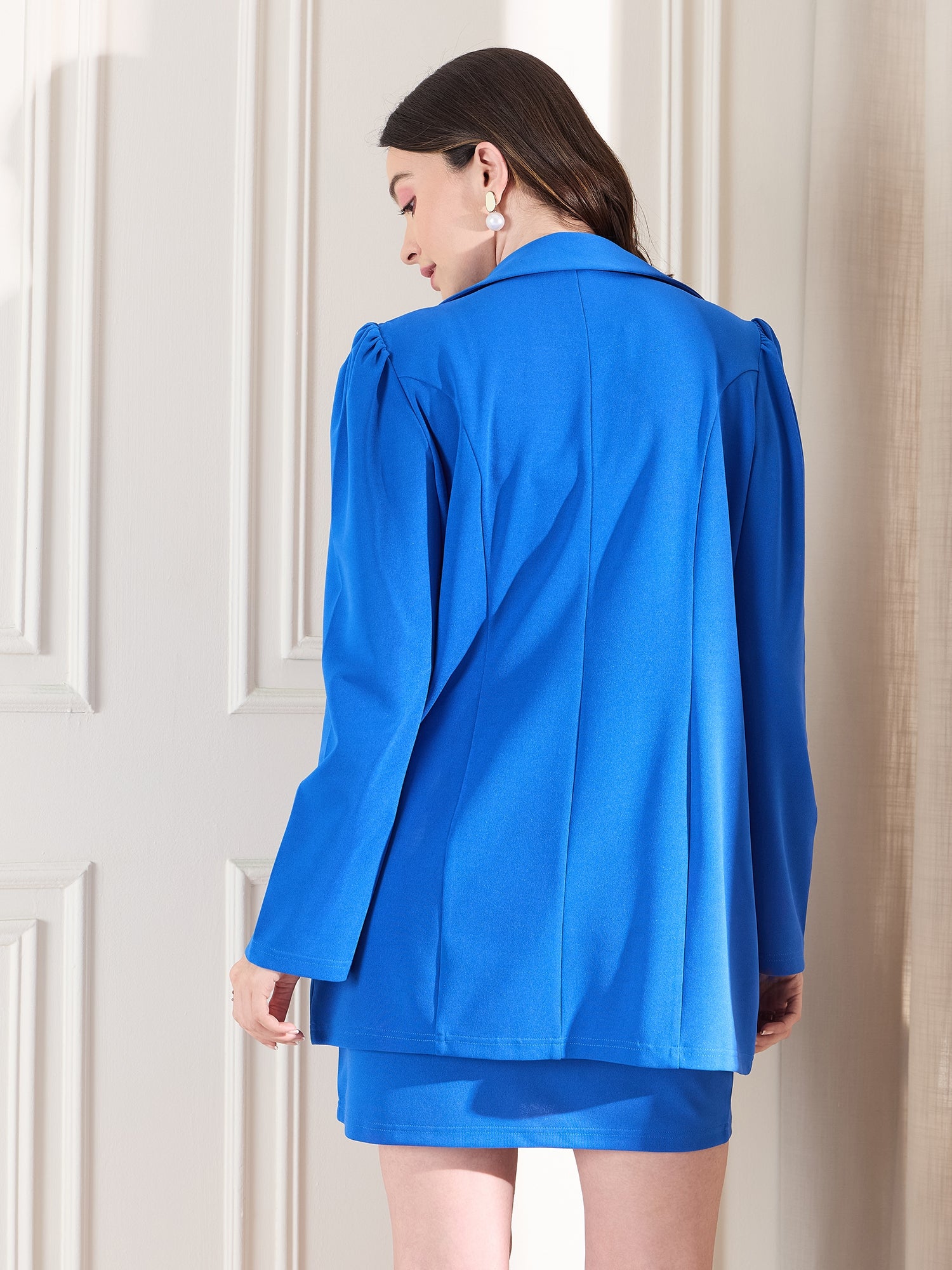 Berrylush BIZwear Women Blue Solid Blazer & High Waist Skirt