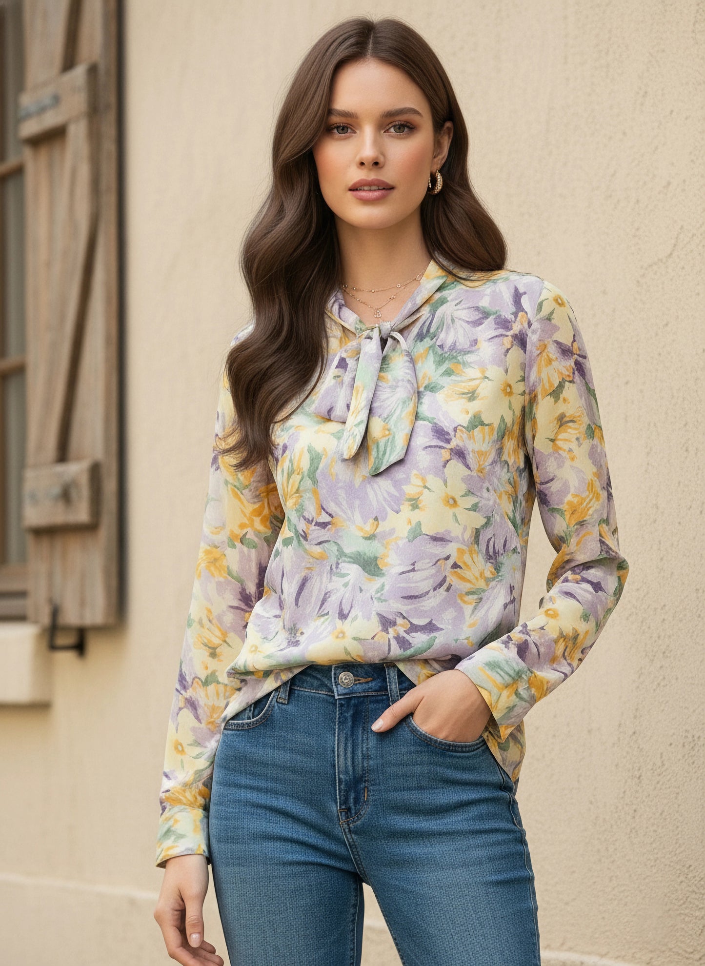 Berrylush Women Purple & Yellow Floral Printed Tie-Up Neck Long Sleeves Straight Hem Regular Top