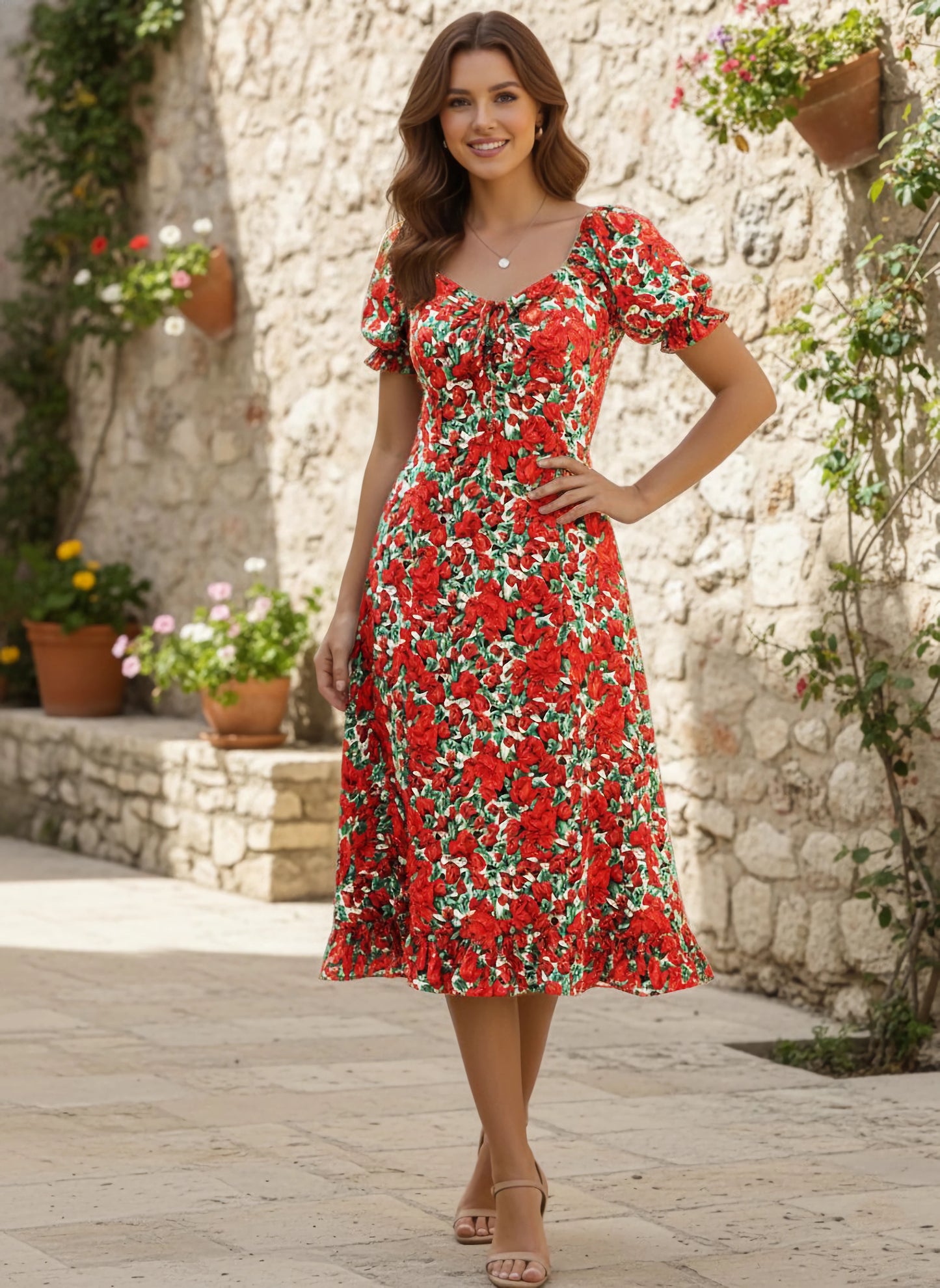 Women Red & Green Floral Printed Crepe A-Line Midi Dress - Berrylush Women Red & Green Floral Printed Crepe A-Line Midi Dress - Berrylush