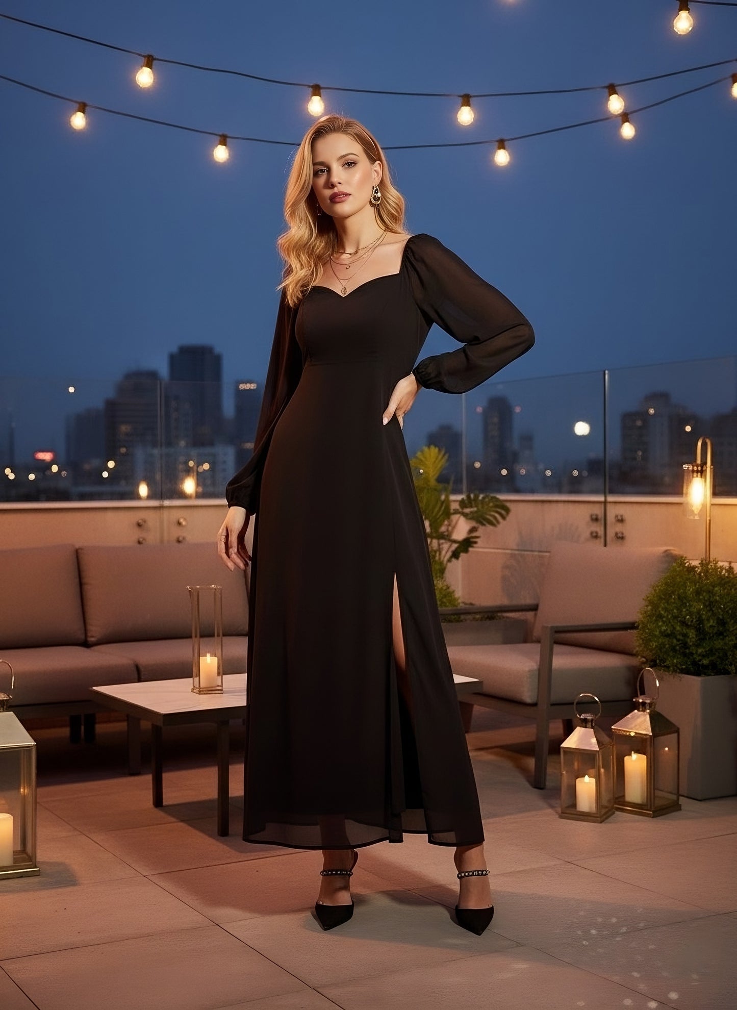 Berrylush Women Solid Black Sweetheart Neck Bishop Sleeves Thigh-High Slit Straight Hem A-Line Maxi Dress