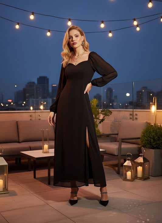 Berrylush Women Solid Black Sweetheart Neck Bishop Sleeves Thigh-High Slit Straight Hem A-Line Maxi Dress