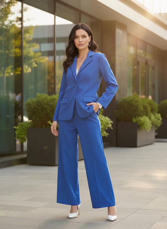 Berrylush BIZwear Women Solid Blue Collared Neck Long Sleeves Regular Blazer & High-Rise Waist Straight Leg Trousers Co-Ord Set
