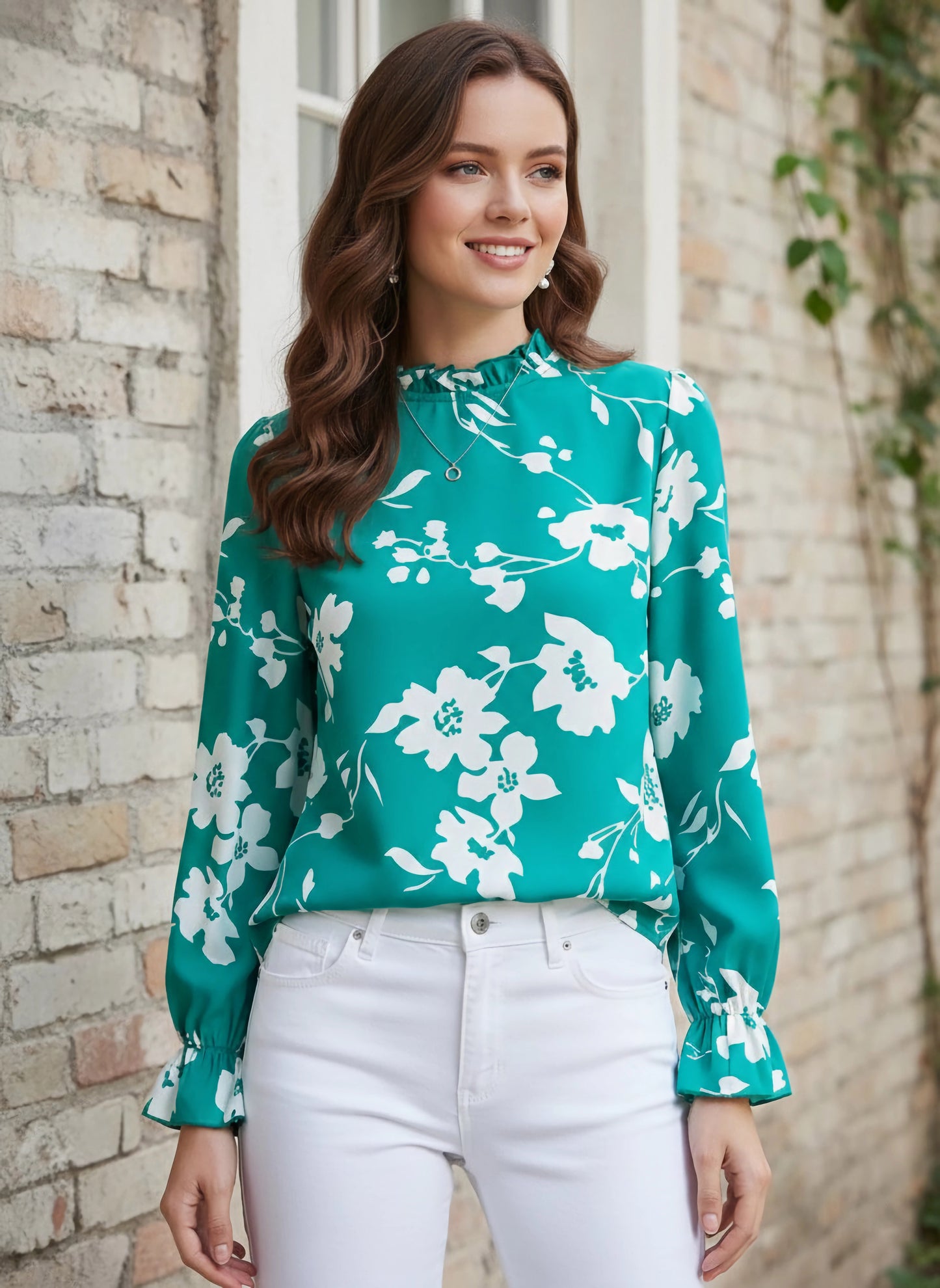 Berrylush Women Green & White Floral Printed High Neck Bell Sleeves Crepe Button-Up Regular Top