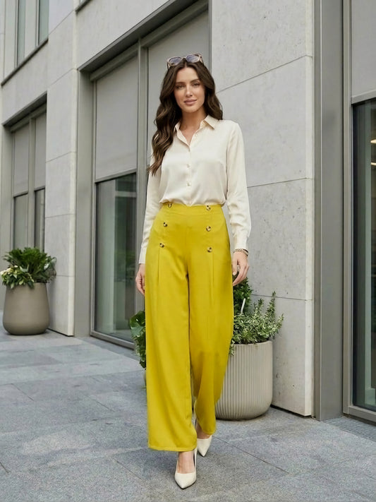 BIZwear Solid Yellow High-Rise Waist Button Detail Wide Leg Pleated Regular Pants
