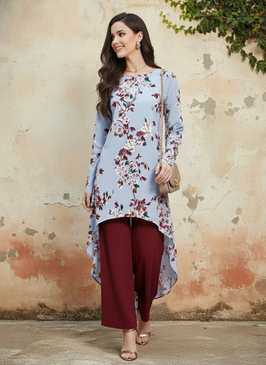 Berrylush Women Blue Floral Printed Round Neck High Low Top