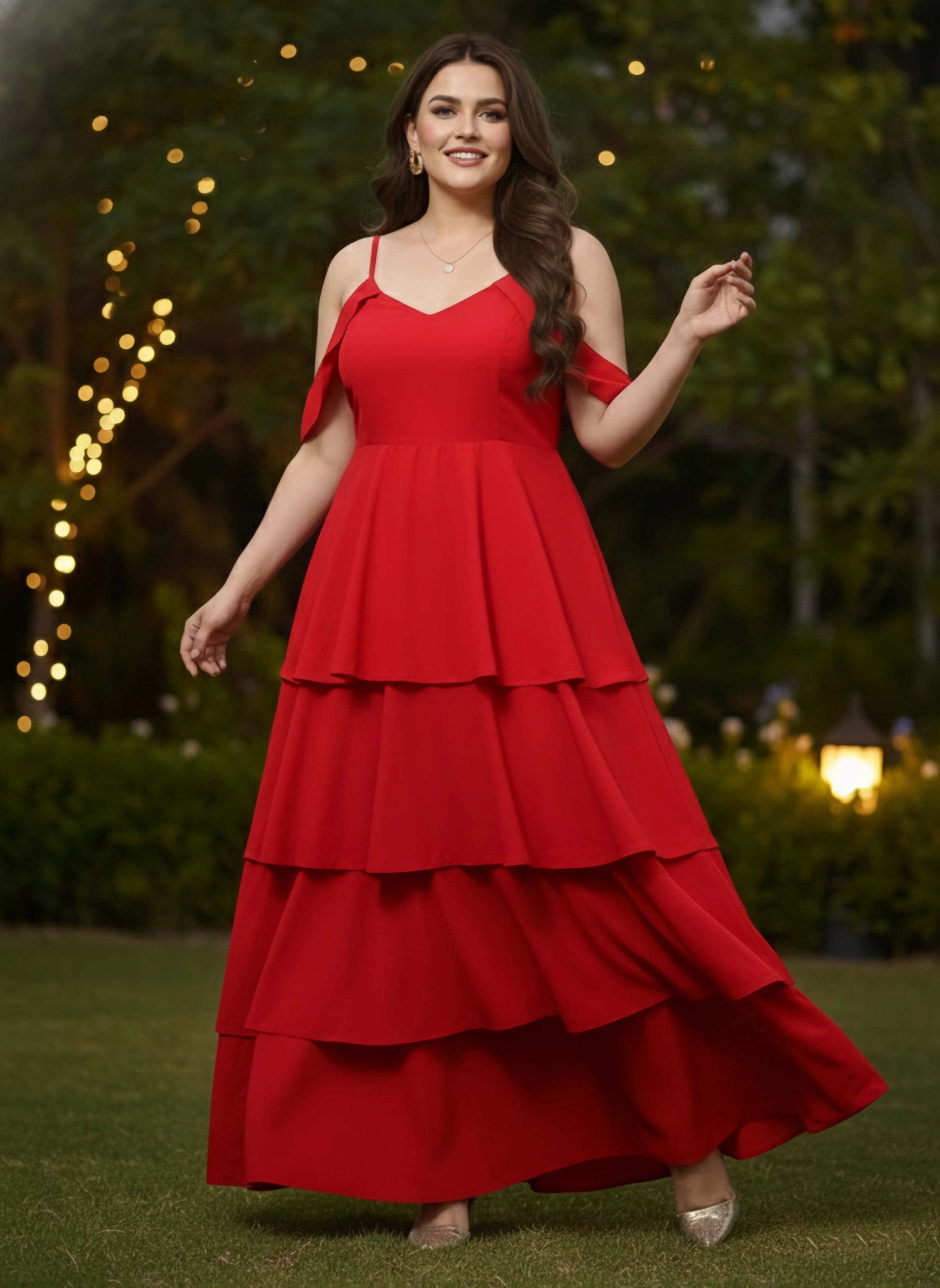 Women Plus Size Solid Red V-Neck Cold-Shoulder Sleeves Flounce Hem Layered A-Line Maxi Dress - Berrylush Women Plus Size Solid Red V-Neck Cold-Shoulder Sleeves Flounce Hem Layered A-Line Maxi Dress - Berrylush