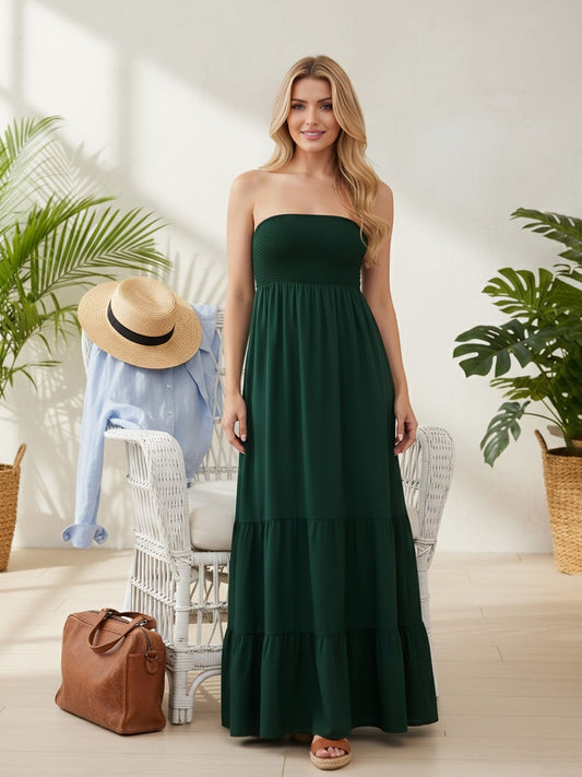 Berrylush Women Solid Green Strapless Neck Sleeveless Smocked A-Line Maxi Dress