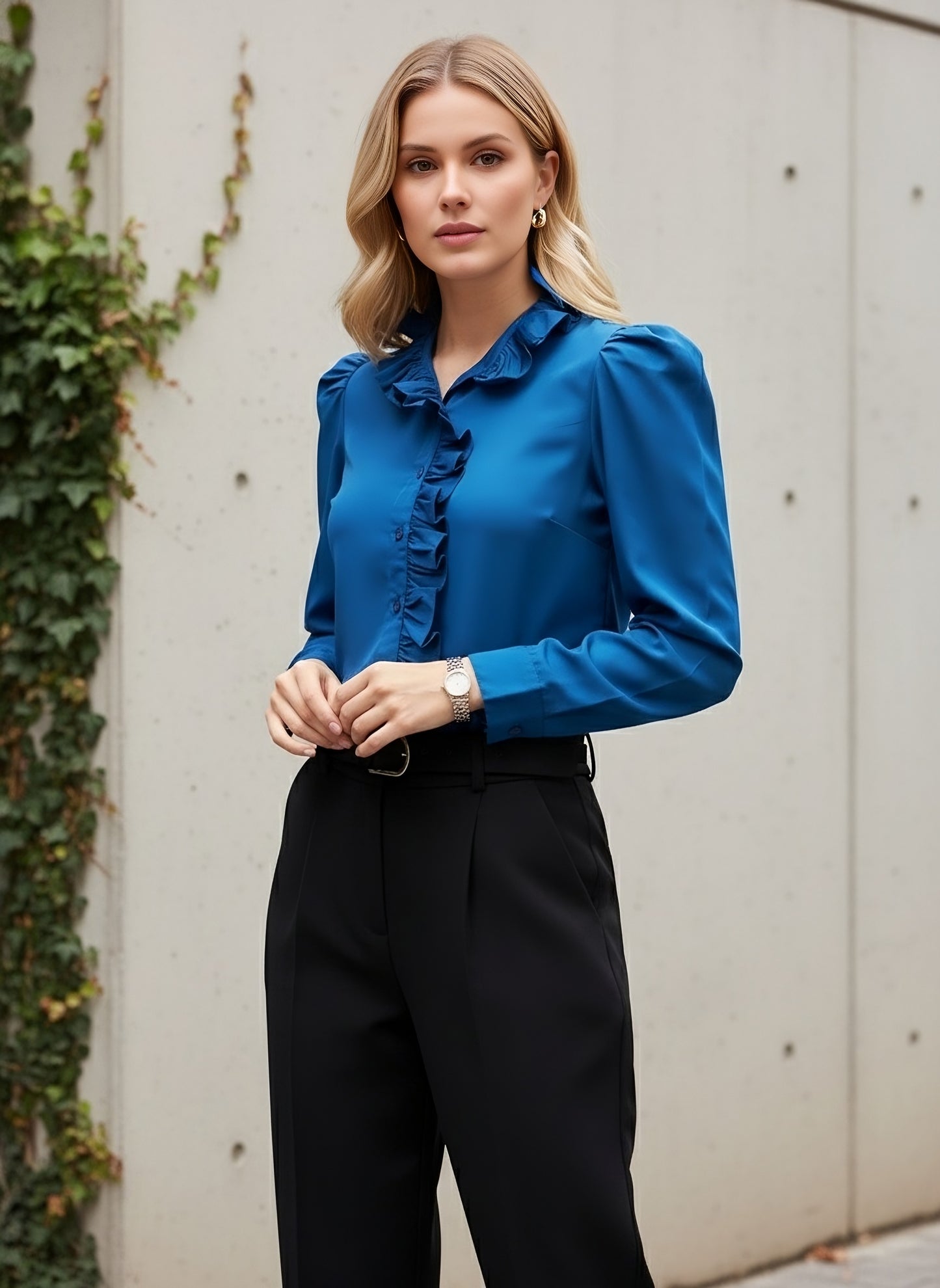 Berrylush BIZwear Women Solid Blue High-Neck Puff Sleeves Front Button Satin Ruffled Regular Top