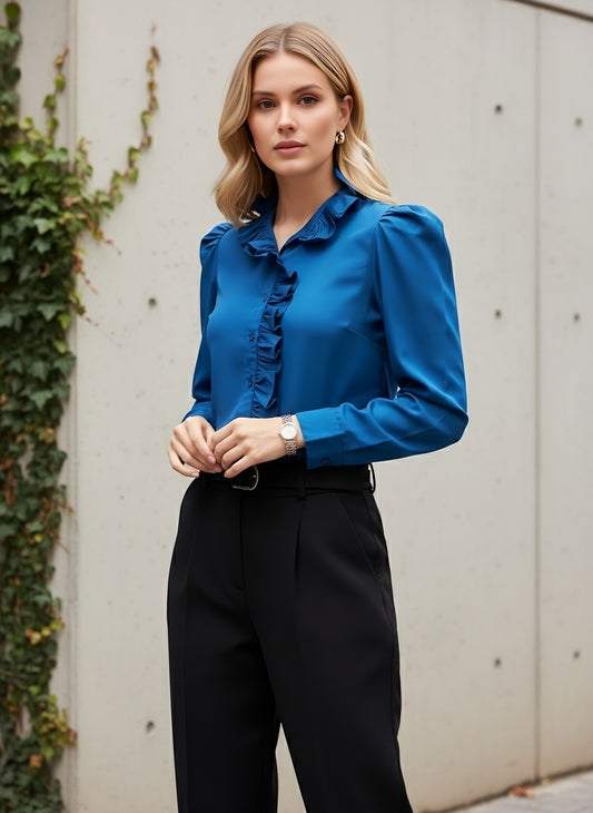 Berrylush BIZwear Women Solid Blue High-Neck Puff Sleeves Front Button Satin Ruffled Regular Top