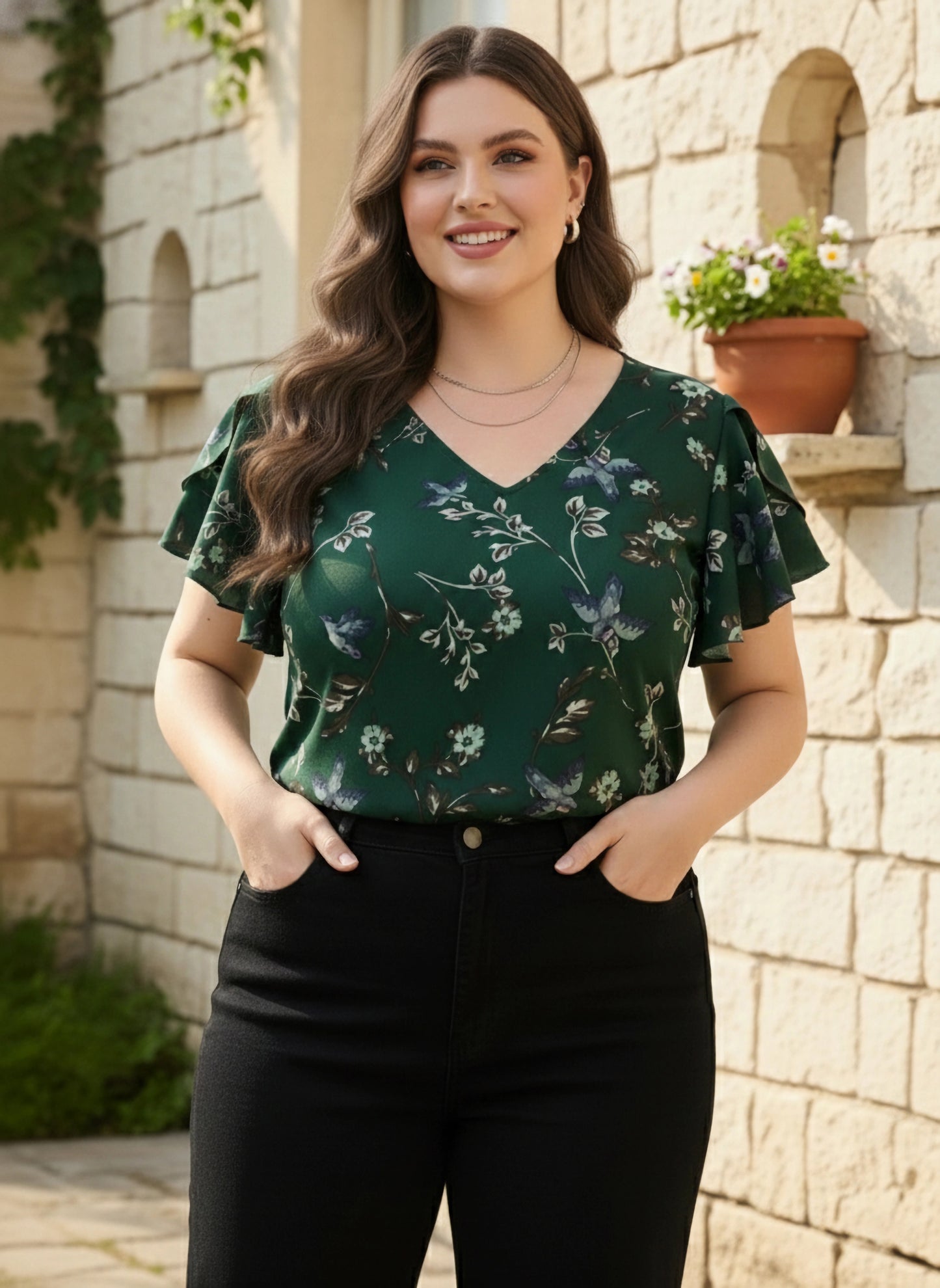 Plus Size Green & White Floral Printed V-Neck Flutter Sleeve Crepe Ruffled Regular Top