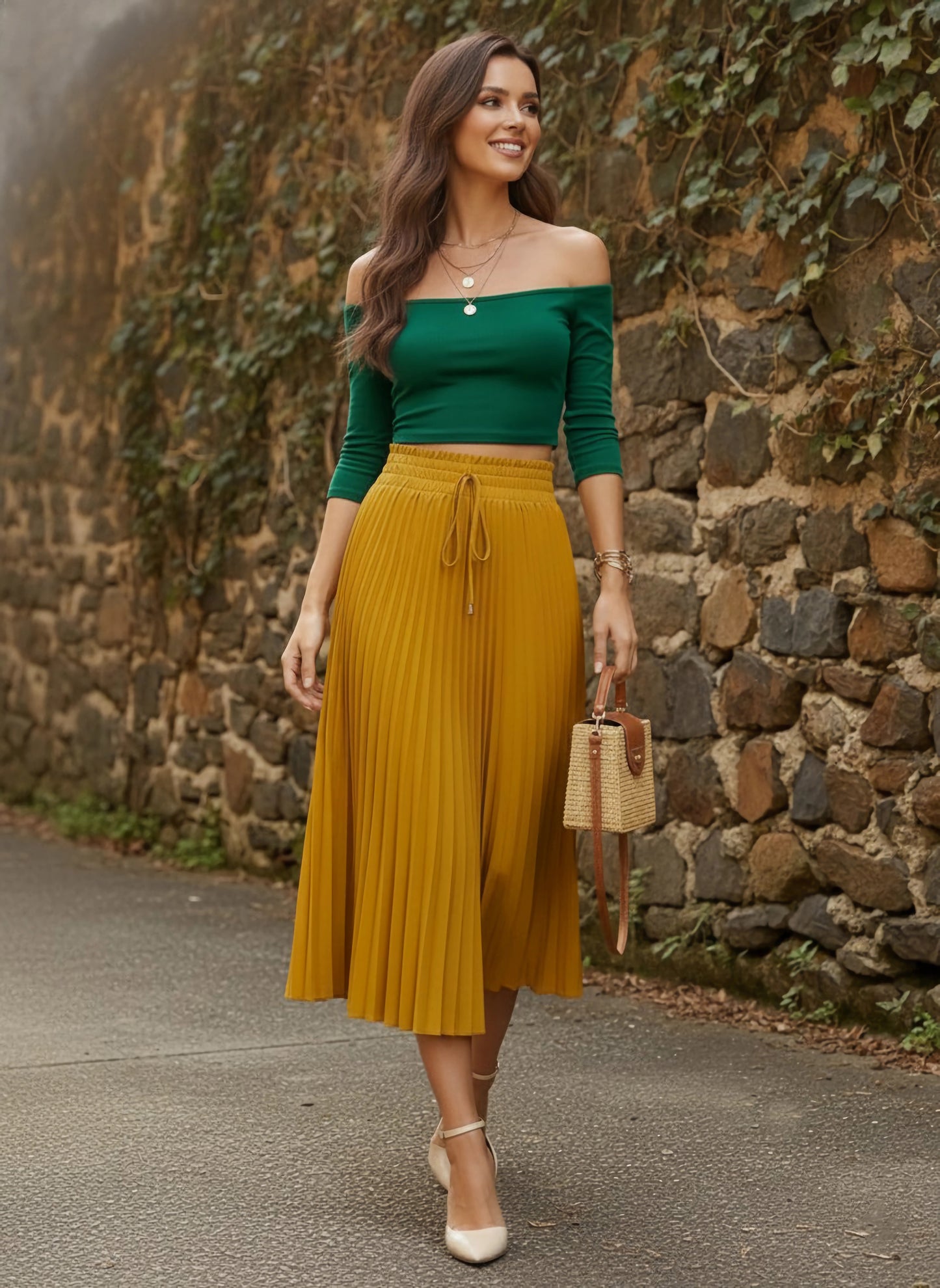 Solid Yellow High-Rise Elastic Waist Tie-Up Straight Hem Pleated Midi Skirt