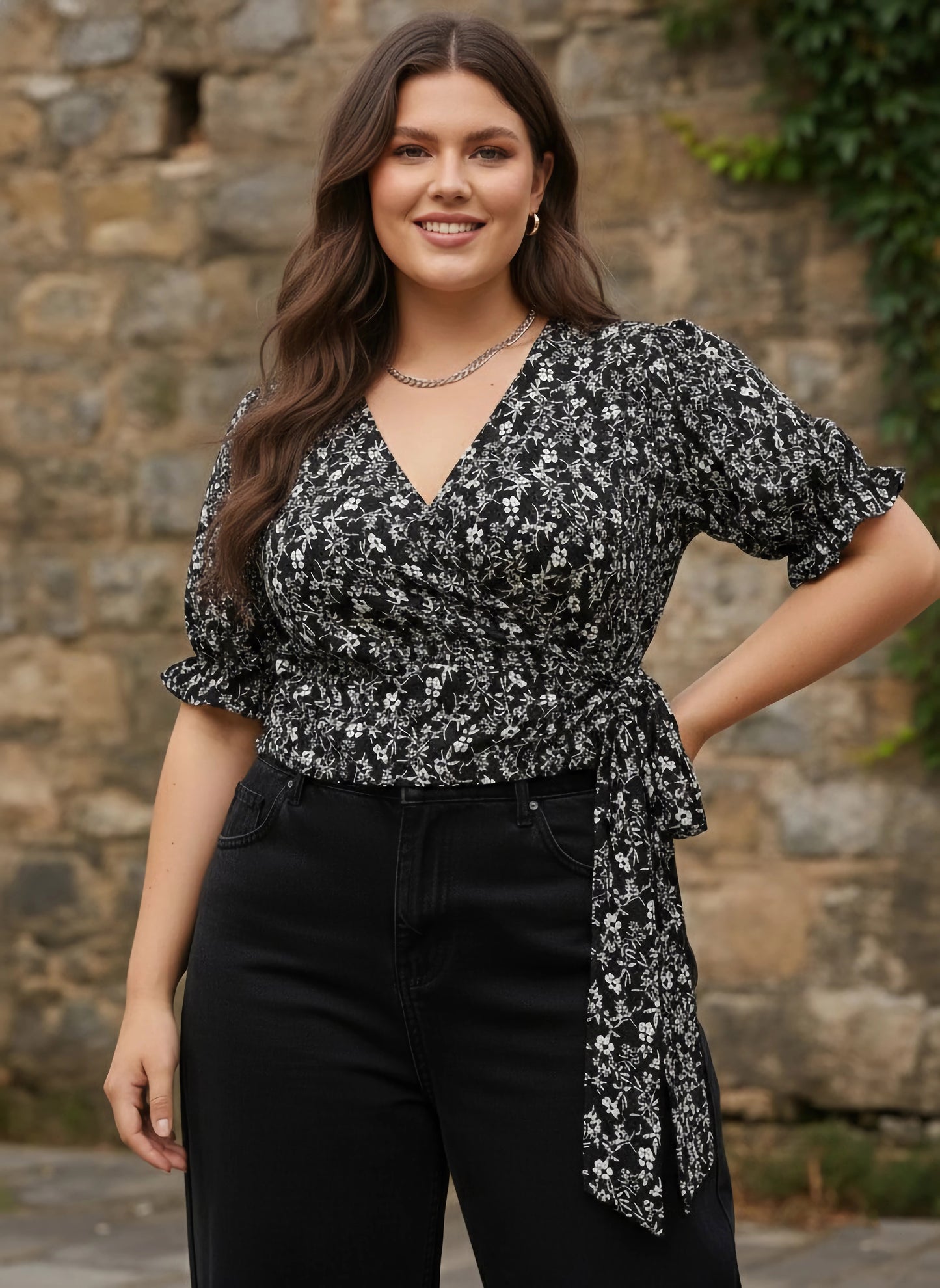 Berrylush Women Plus Size Black & White Floral Printed V-Neck Waist Tie-Up Crepe Wrap Regular Top