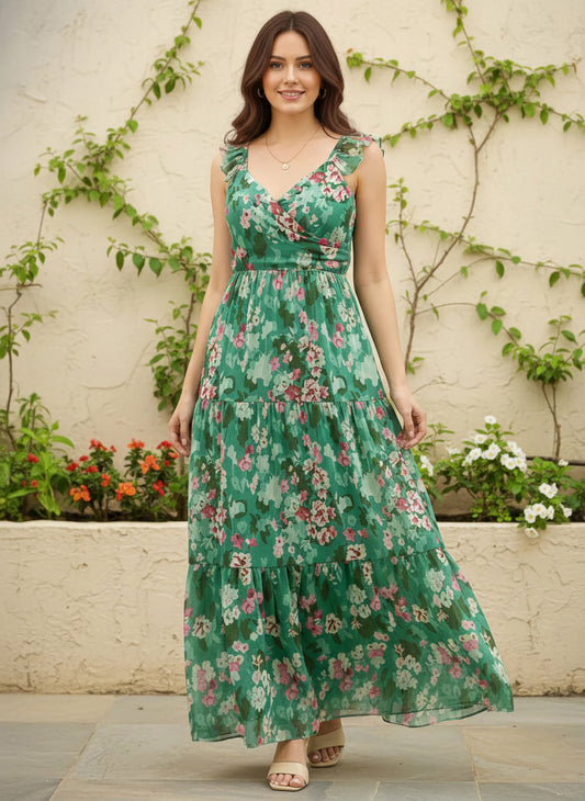 Green & Pink Floral Printed Sweetheart Neck Sleeveless Back Cutout Straight Hem Pleated Maxi Dress