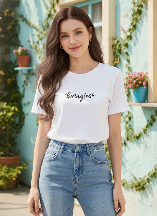 Berrylush Women Solid White Round Neck Front Brand Logo Short Sleeves Knitted Regular T-Shirt