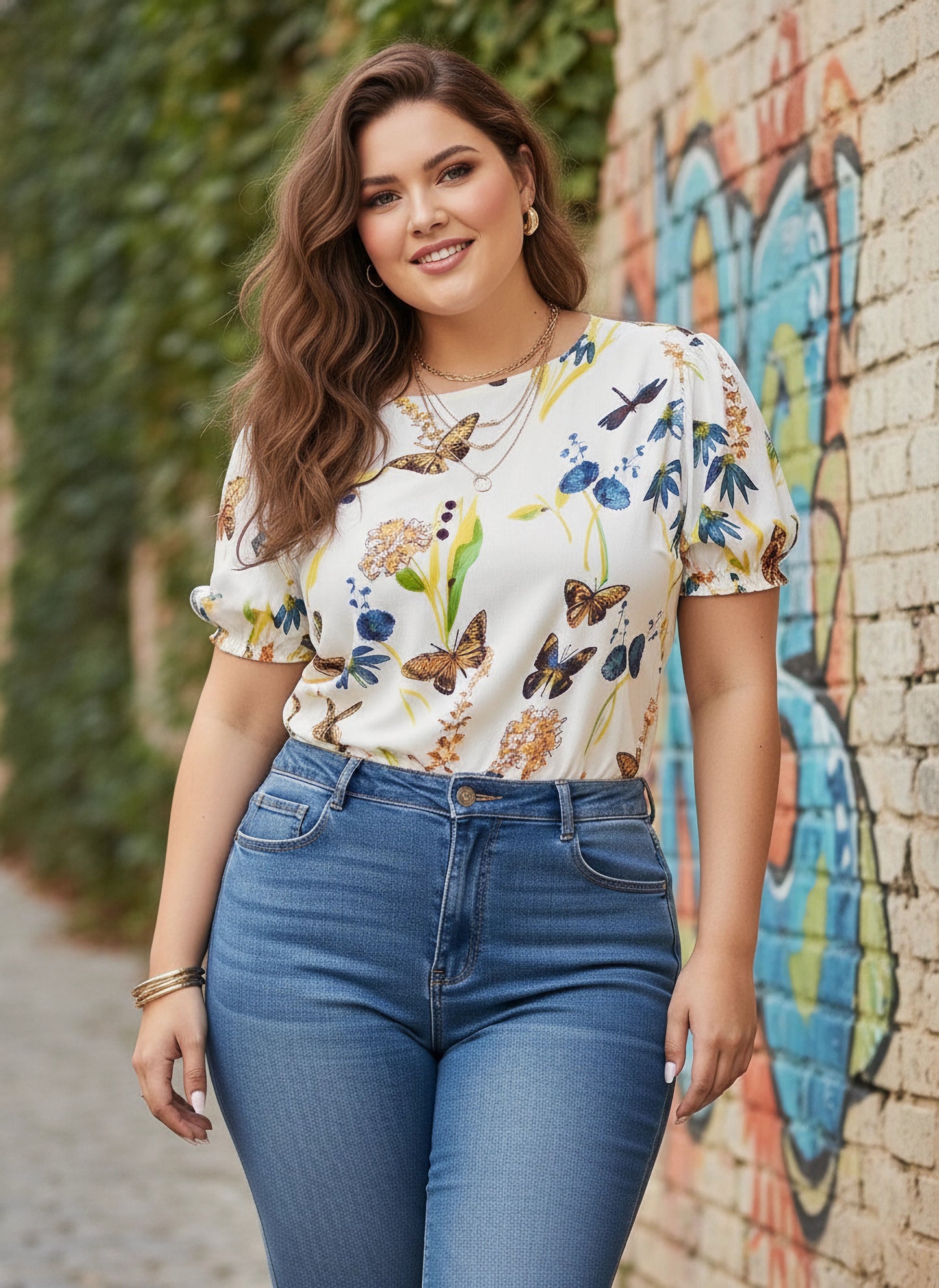 Berrylush Curve Women White & Multicolour Nature Printed Round Neck Cutout Tie-Up Back Regular Top