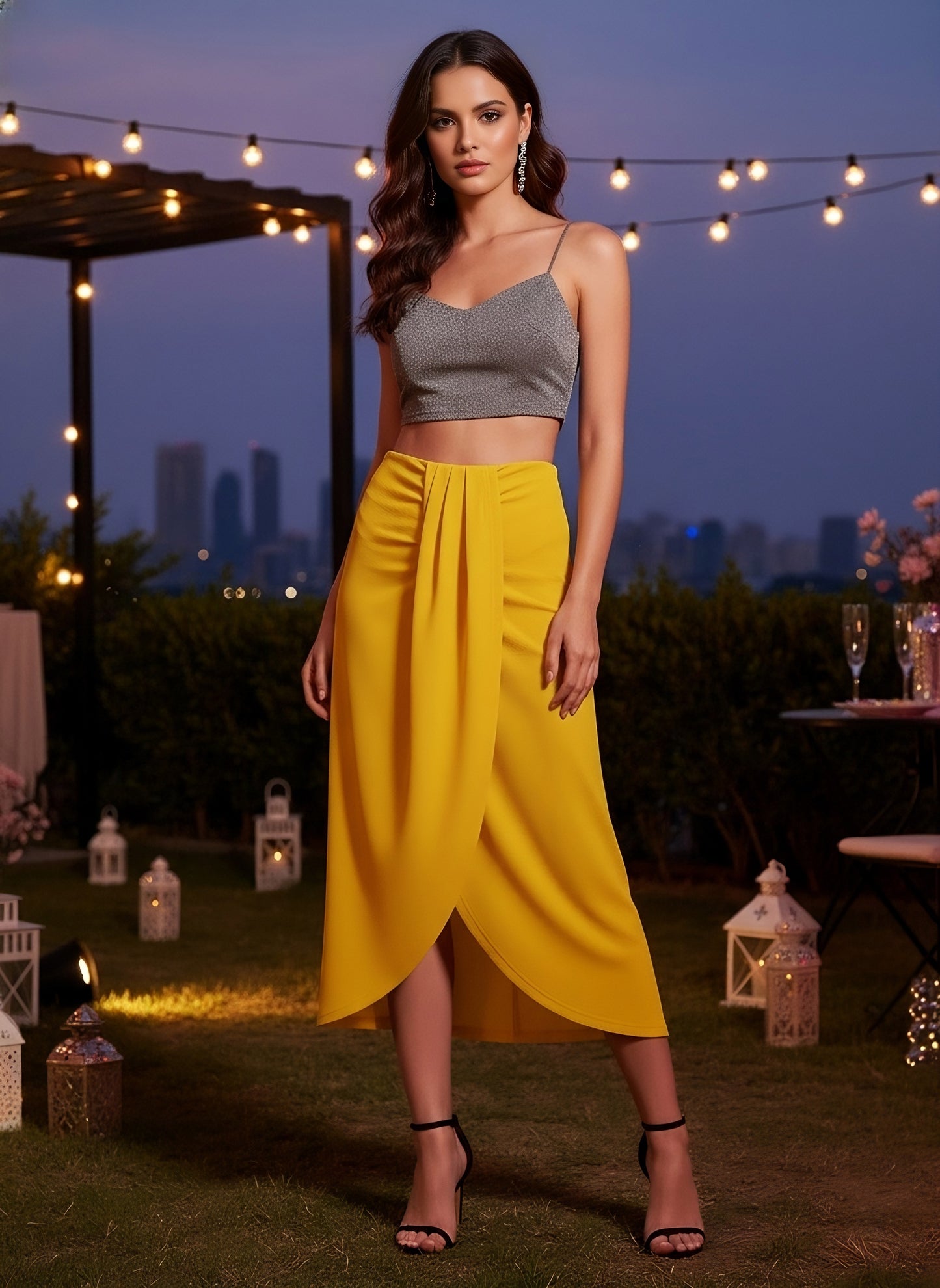 Berrylush Women Yellow Solid High Rise Knitted Draped Tulip Skirt